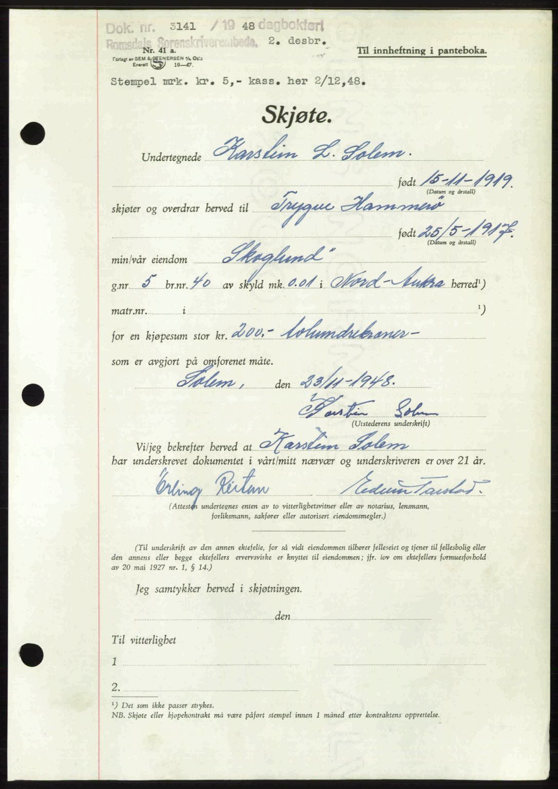 Romsdal sorenskriveri, AV/SAT-A-4149/1/2/2C: Pantebok nr. A28, 1948-1949, Dagboknr: 3141/1948