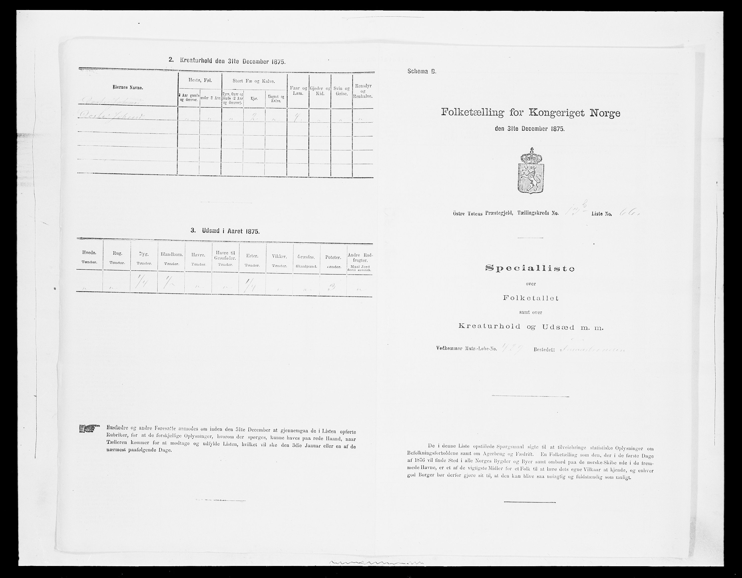 SAH, Folketelling 1875 for 0528P Østre Toten prestegjeld, 1875, s. 2609