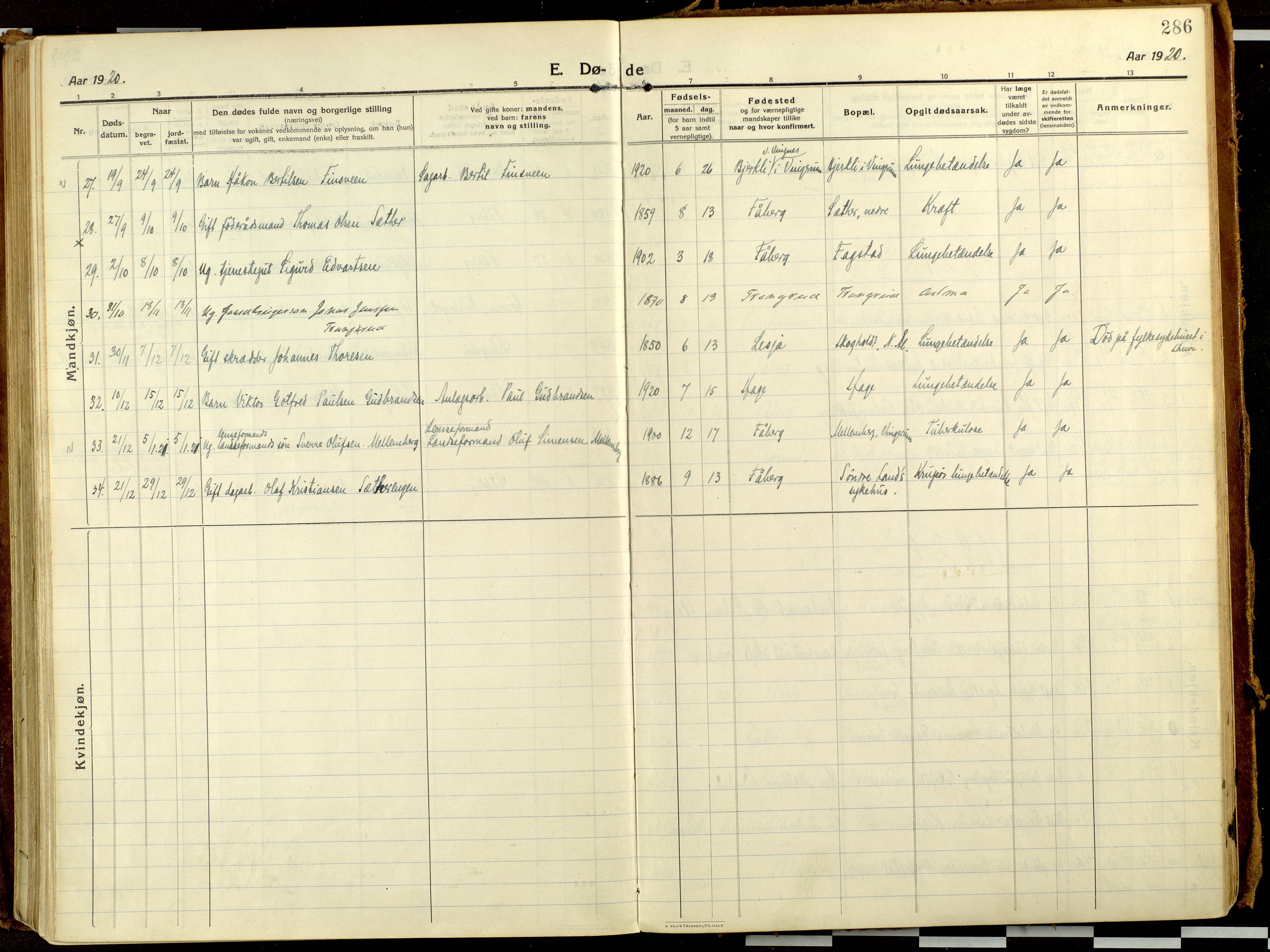 Fåberg prestekontor, AV/SAH-PREST-086/H/Ha/Haa/L0013: Ministerialbok nr. 13, 1913-1928, s. 286