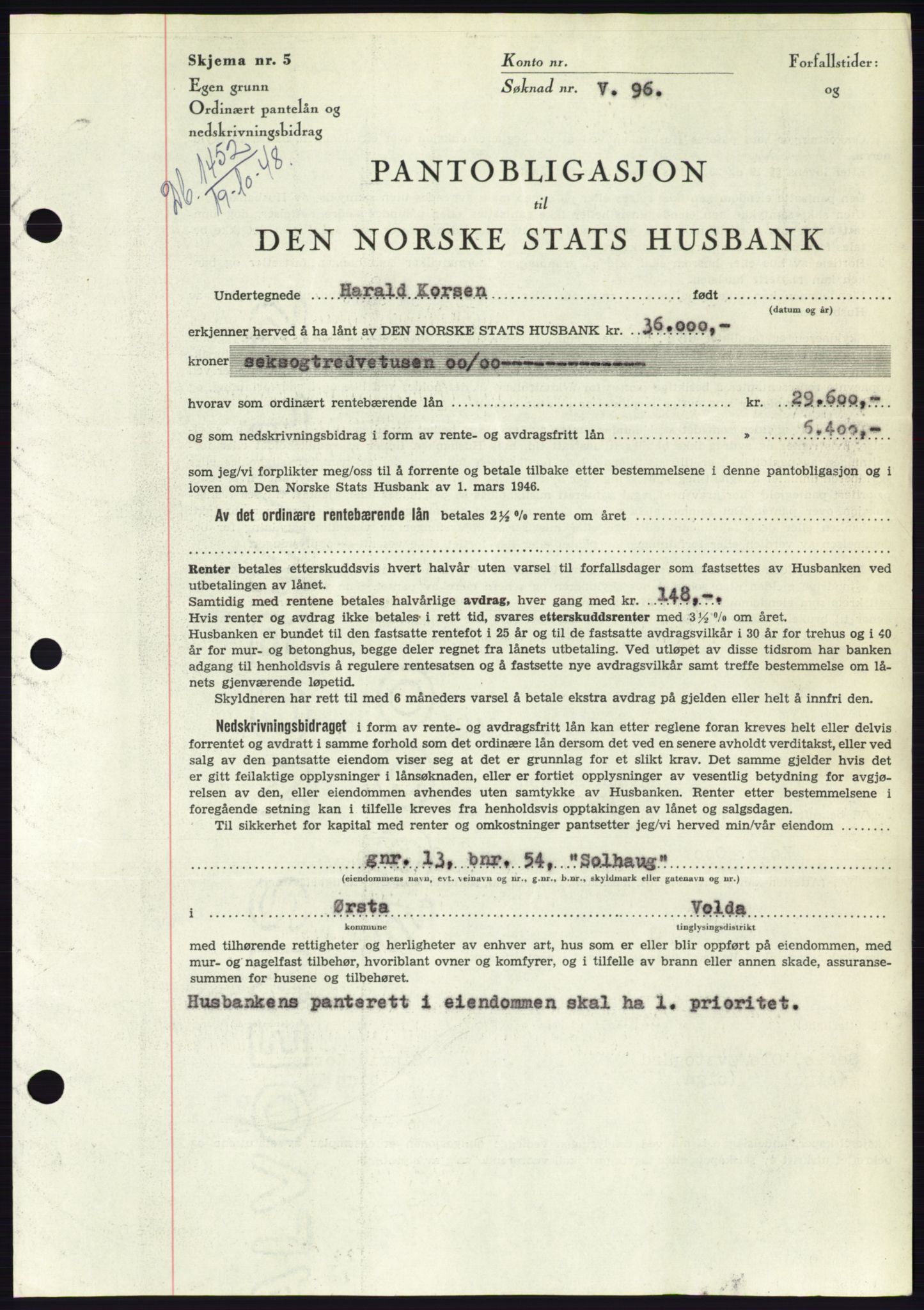 Søre Sunnmøre sorenskriveri, AV/SAT-A-4122/1/2/2C/L0116: Pantebok nr. 4B, 1948-1949, Dagboknr: 1452/1948