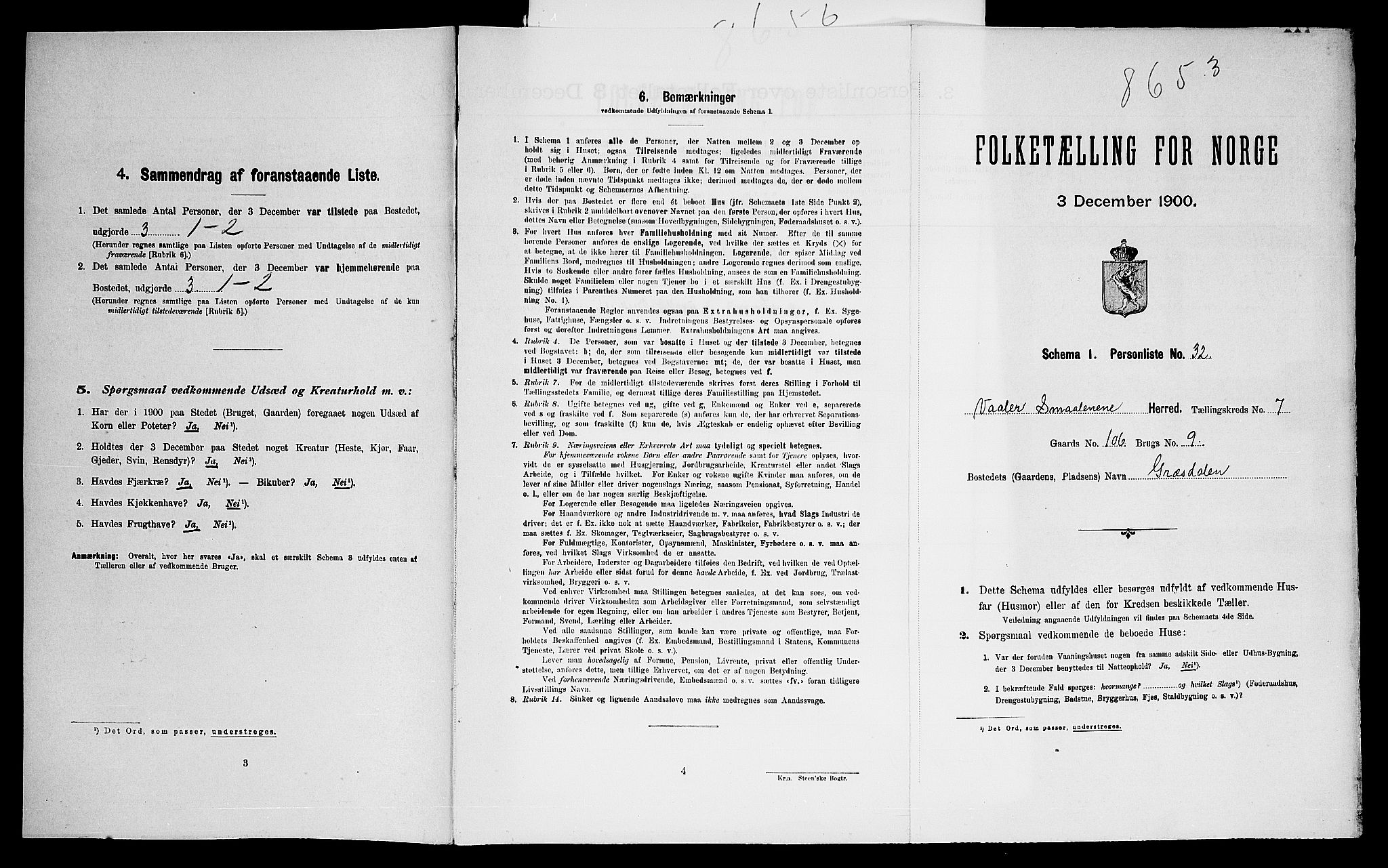 SAO, Folketelling 1900 for 0137 Våler herred, 1900