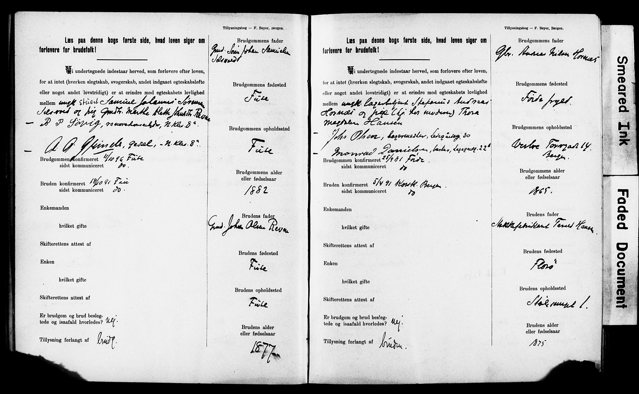 Mariakirken Sokneprestembete, SAB/A-76901: Forlovererklæringer nr. II.5.2, 1901-1909, s. 20