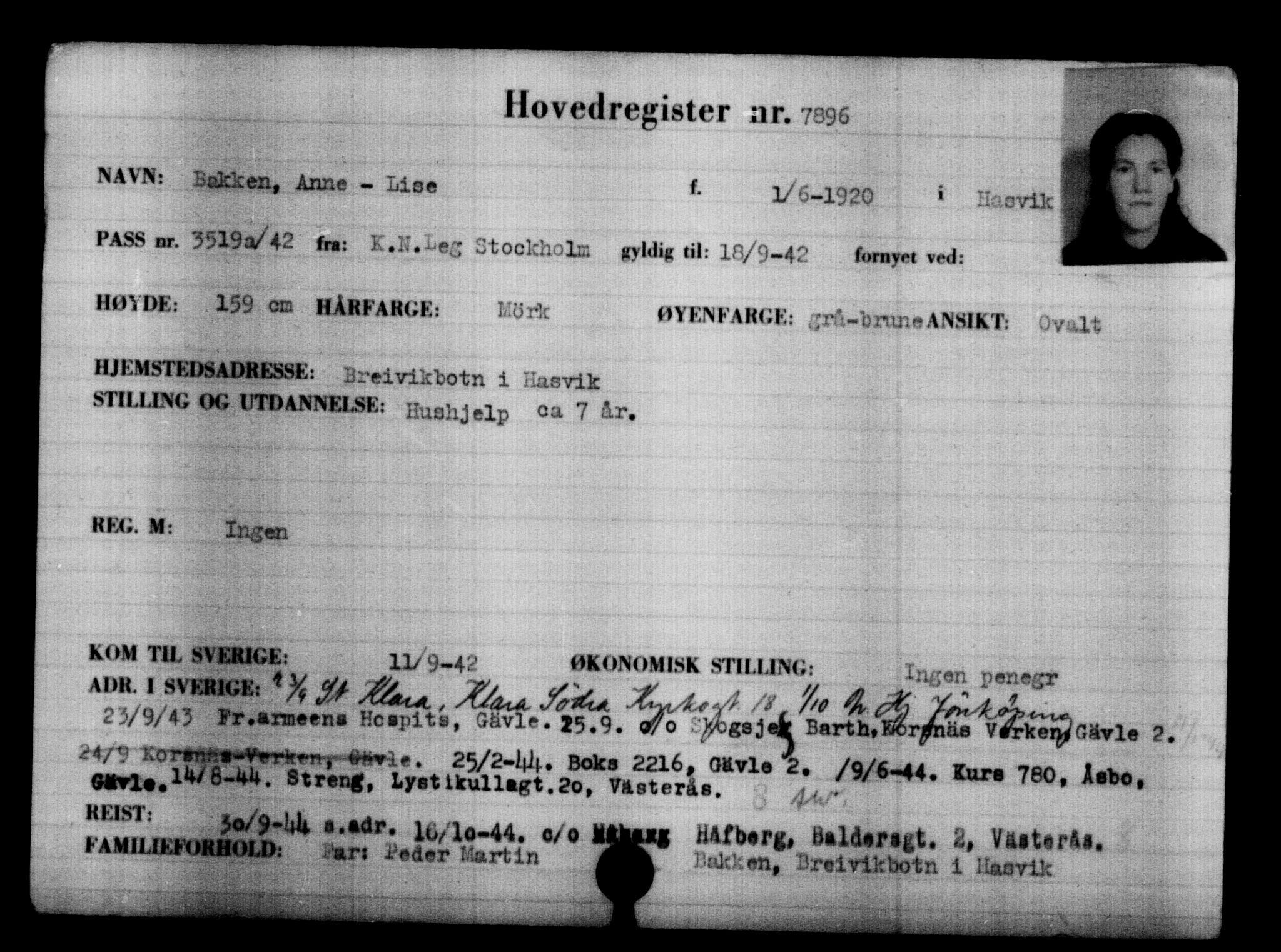Utenriksstasjonene, Legasjonen i Stockholm, Flyktningkontoret, AV/RA-S-6753/V/Va/L0005: Kjesäterkartoteket, flyktninger med registreringsnr. 6600-9417, 1940-1945, s. 1515