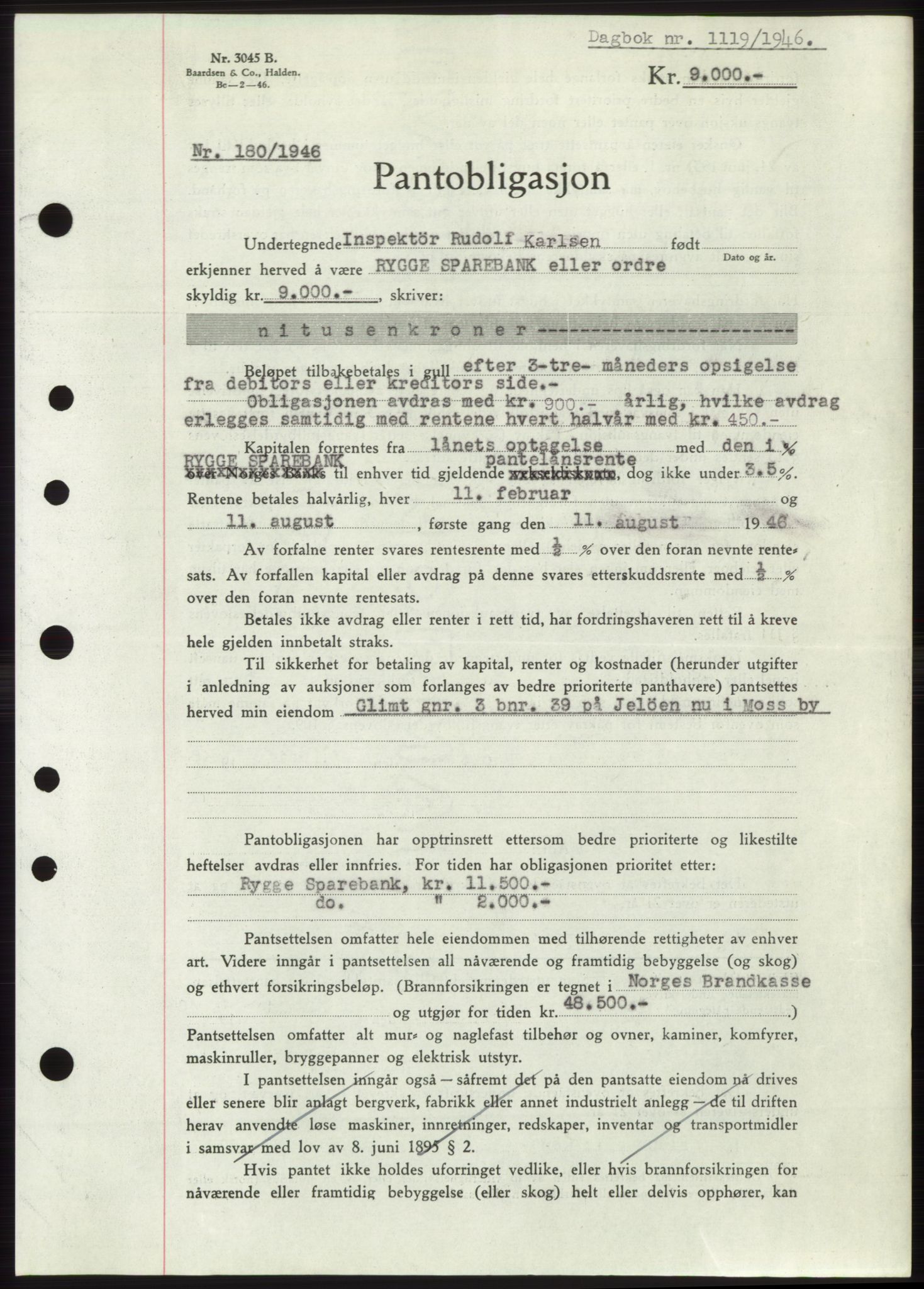 Moss sorenskriveri, SAO/A-10168: Pantebok nr. B15, 1946-1946, Dagboknr: 1119/1946