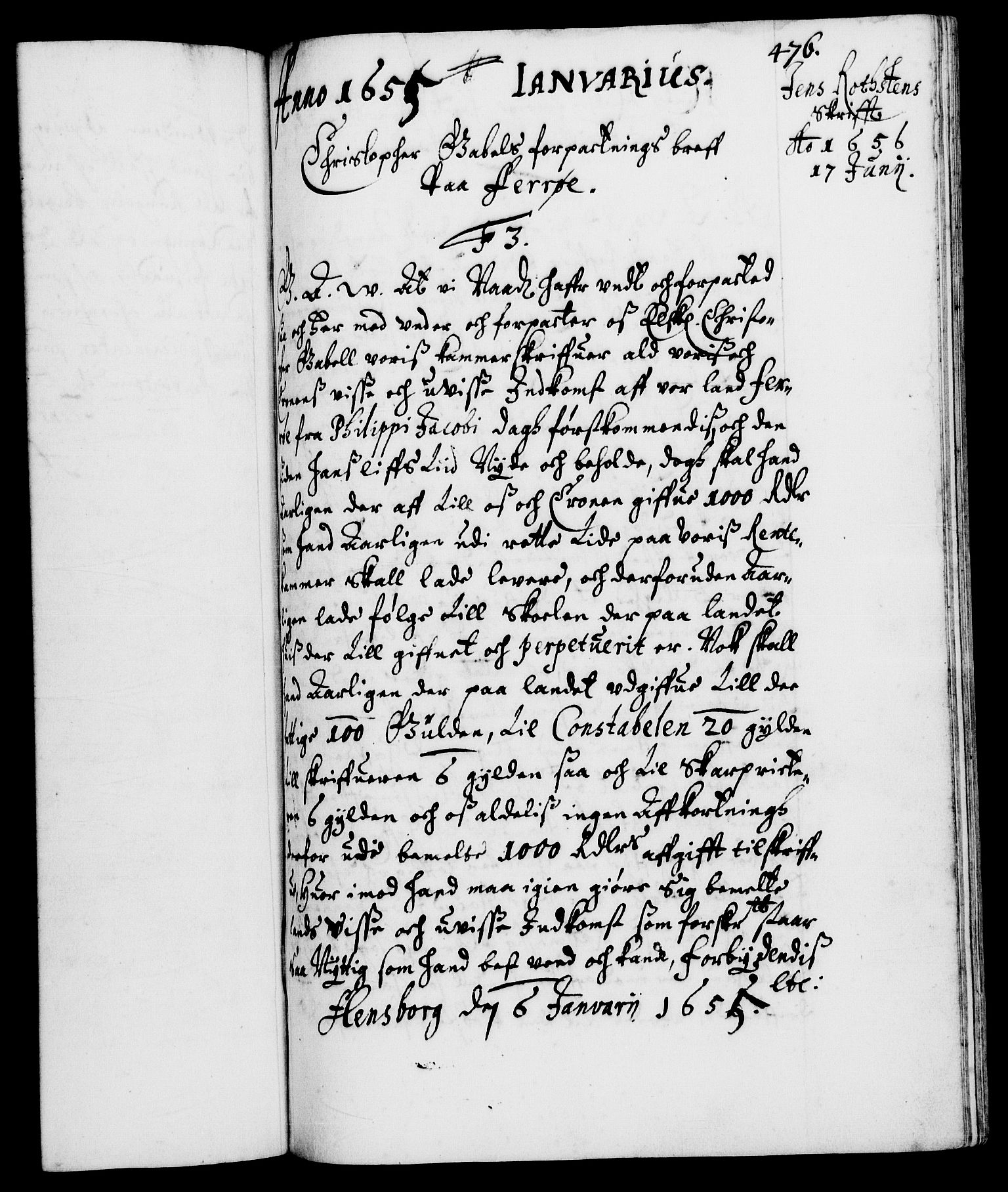 Danske Kanselli 1572-1799, RA/EA-3023/F/Fc/Fca/Fcaa/L0008: Norske registre (mikrofilm), 1651-1656, s. 476a