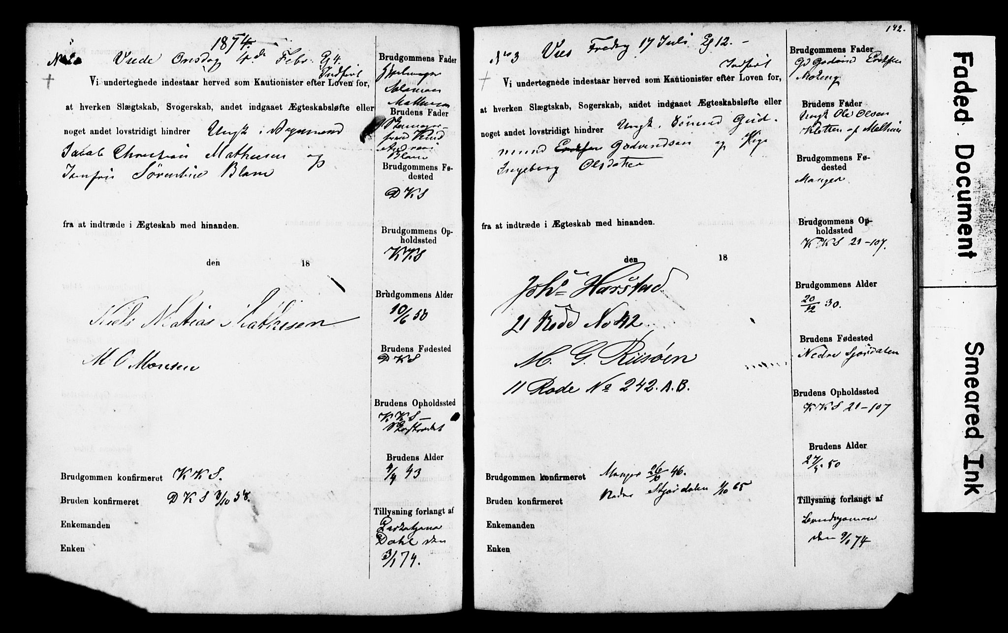 Korskirken sokneprestembete, SAB/A-76101: Forlovererklæringer nr. II.5.4, 1871-1878, s. 142