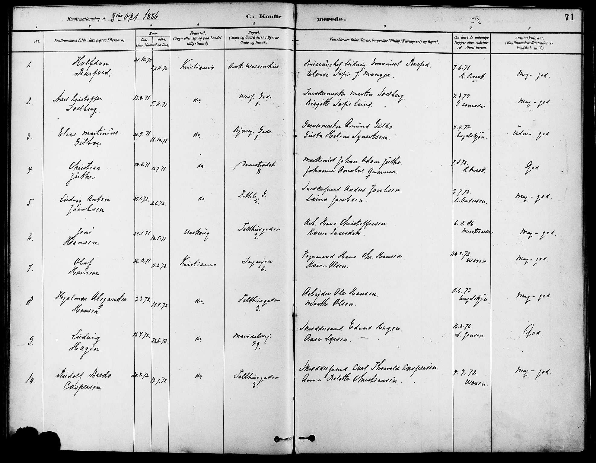 Gamle Aker prestekontor Kirkebøker, AV/SAO-A-10617a/F/L0007: Ministerialbok nr. 7, 1882-1890, s. 71