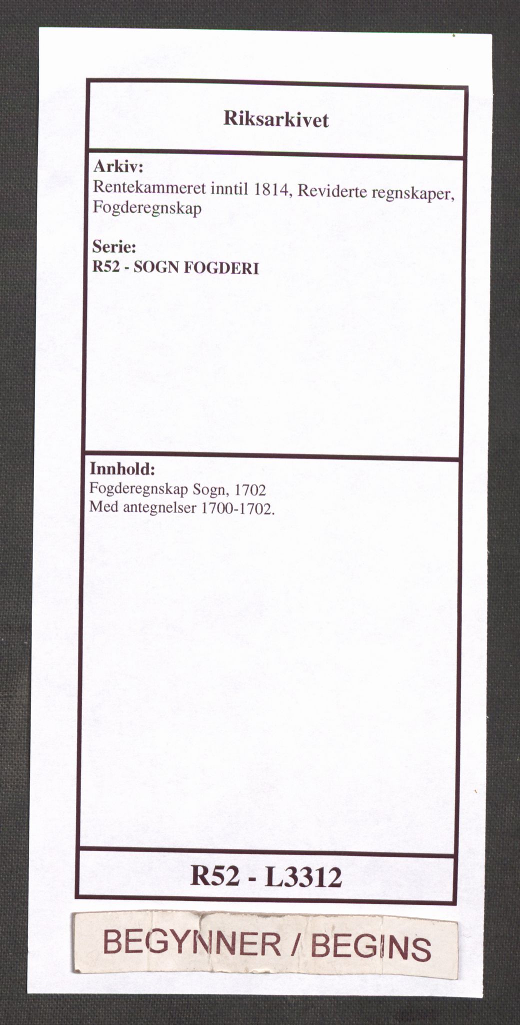 Rentekammeret inntil 1814, Reviderte regnskaper, Fogderegnskap, AV/RA-EA-4092/R52/L3312: Fogderegnskap Sogn, 1702, s. 1