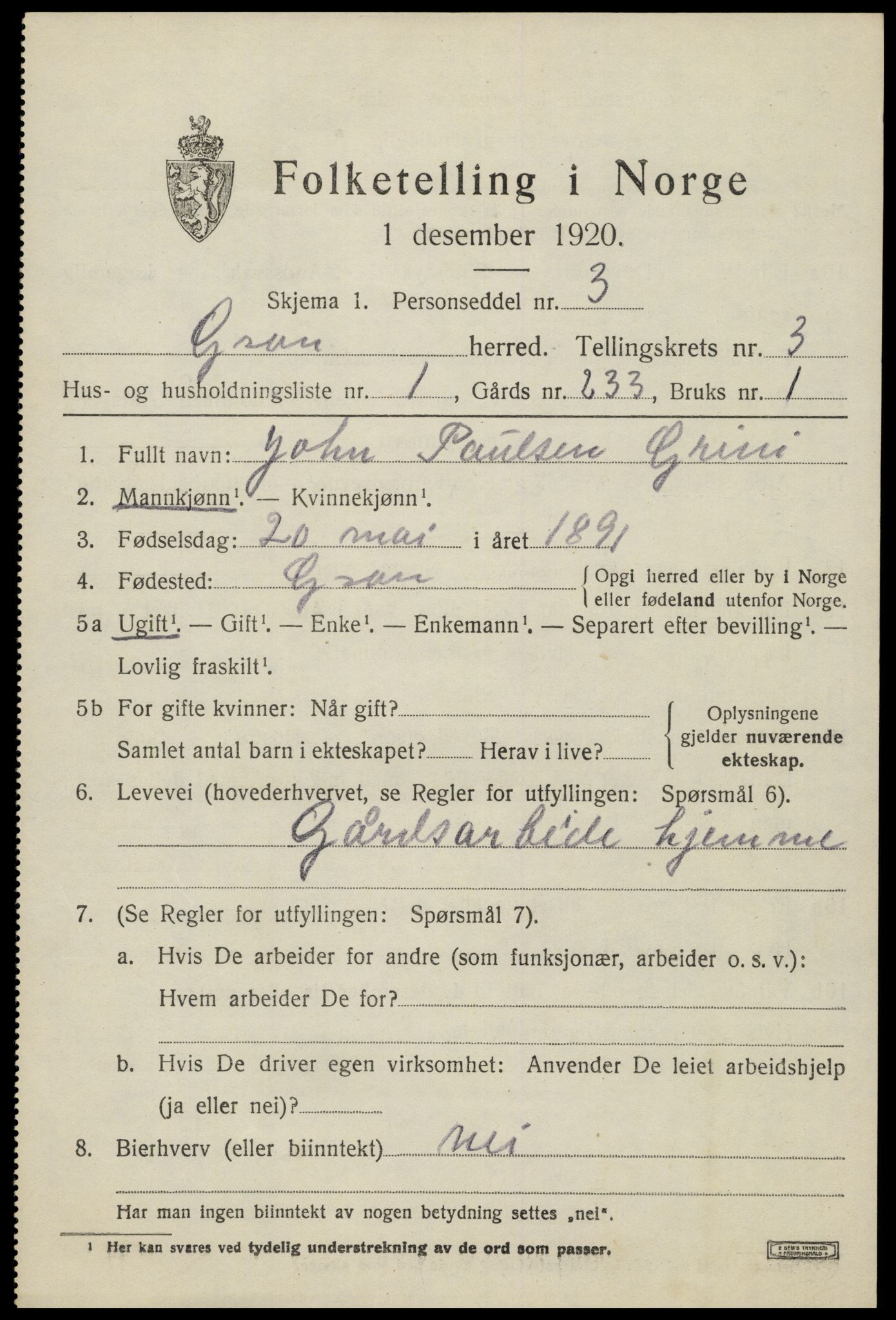 SAH, Folketelling 1920 for 0534 Gran herred, 1920, s. 5146