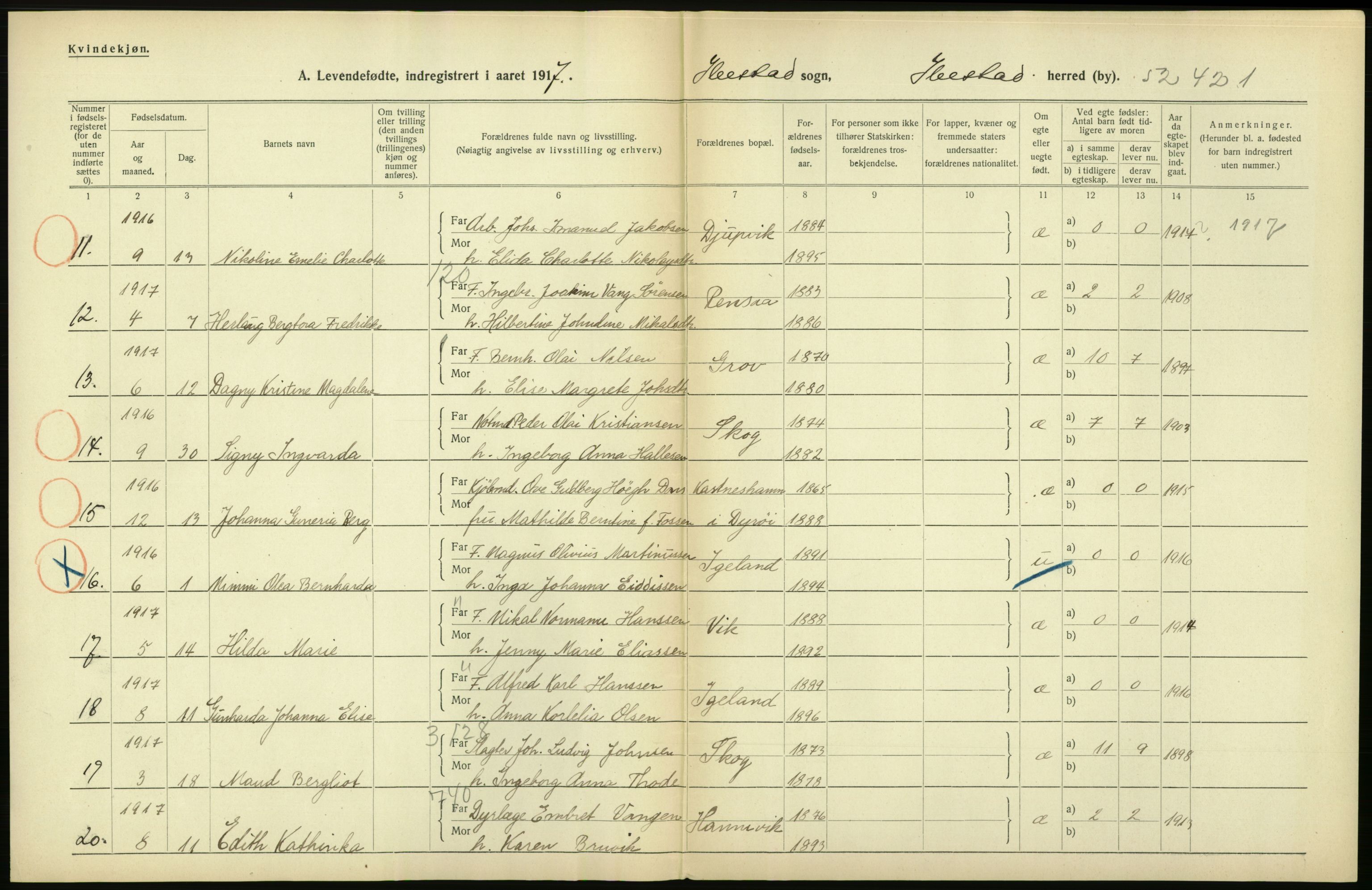 Statistisk sentralbyrå, Sosiodemografiske emner, Befolkning, AV/RA-S-2228/D/Df/Dfb/Dfbg/L0053: Tromsø amt: Levendefødte menn og kvinner. Bygder og byer., 1917, s. 526