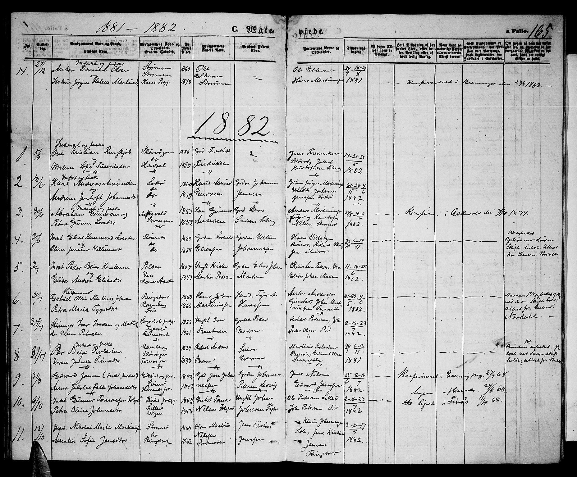 Ministerialprotokoller, klokkerbøker og fødselsregistre - Nordland, SAT/A-1459/891/L1314: Klokkerbok nr. 891C03, 1870-1885, s. 165