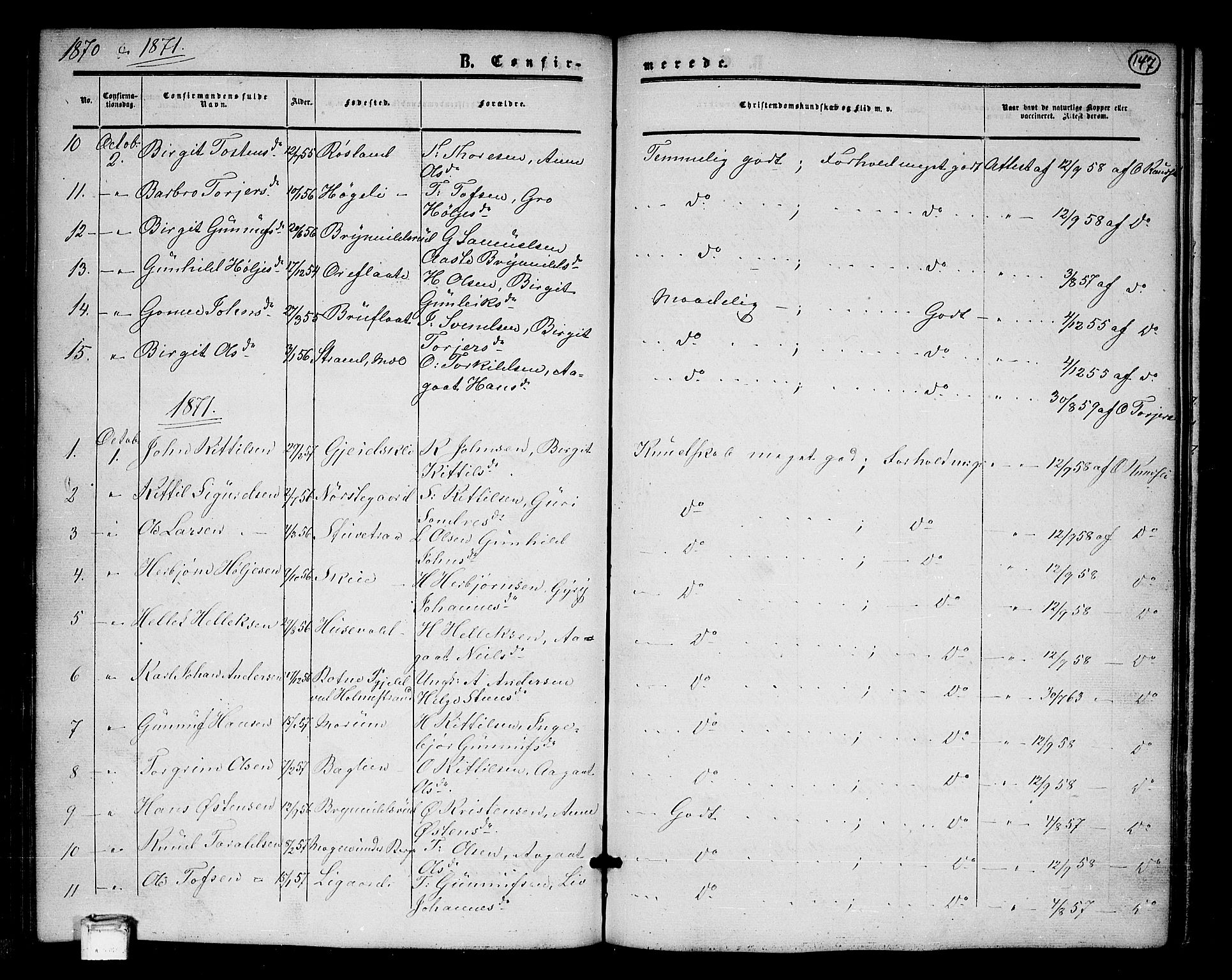 Tinn kirkebøker, AV/SAKO-A-308/G/Ga/L0002: Klokkerbok nr. I 2, 1851-1883, s. 147