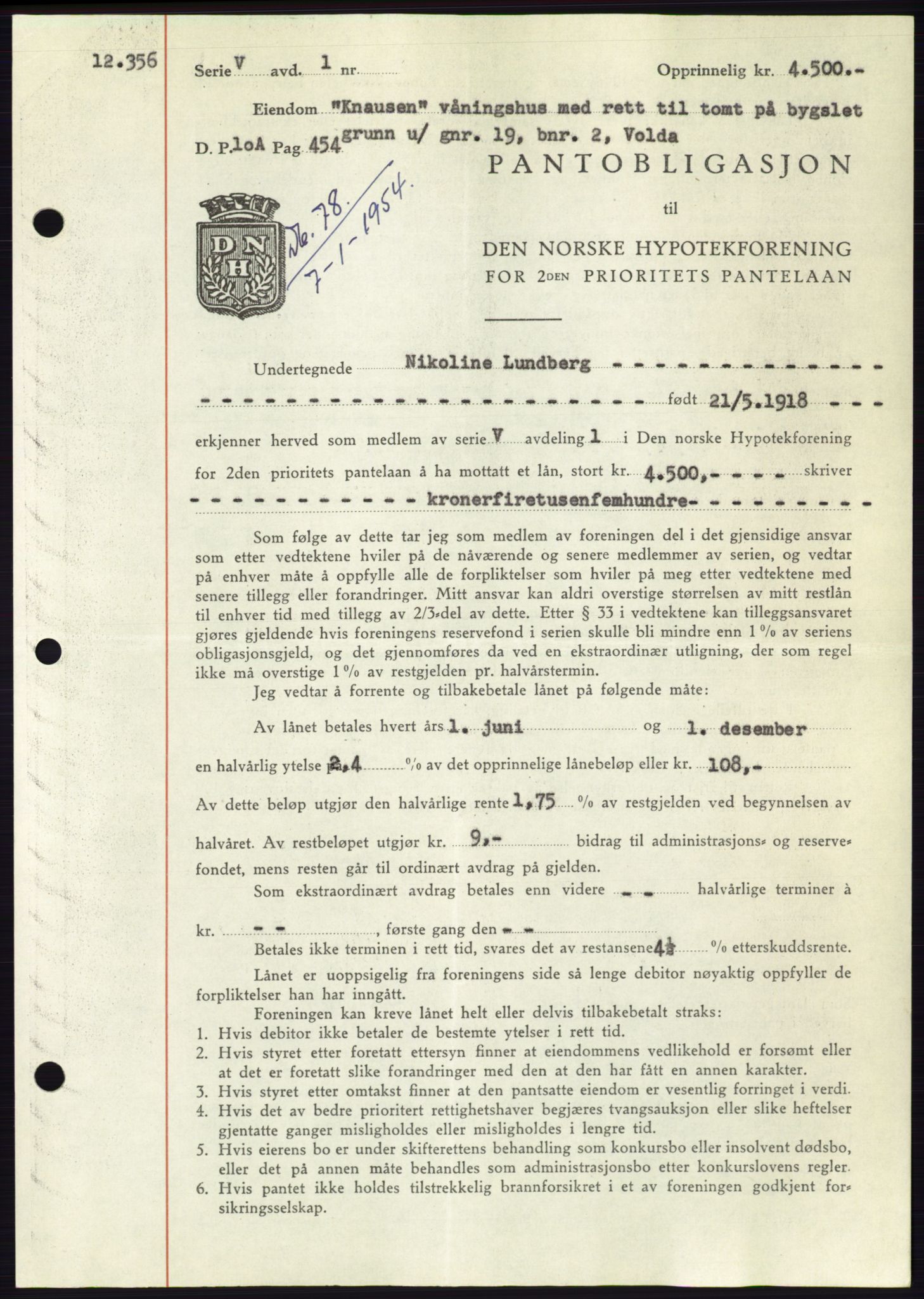 Søre Sunnmøre sorenskriveri, SAT/A-4122/1/2/2C/L0124: Pantebok nr. 12B, 1953-1954, Dagboknr: 78/1954
