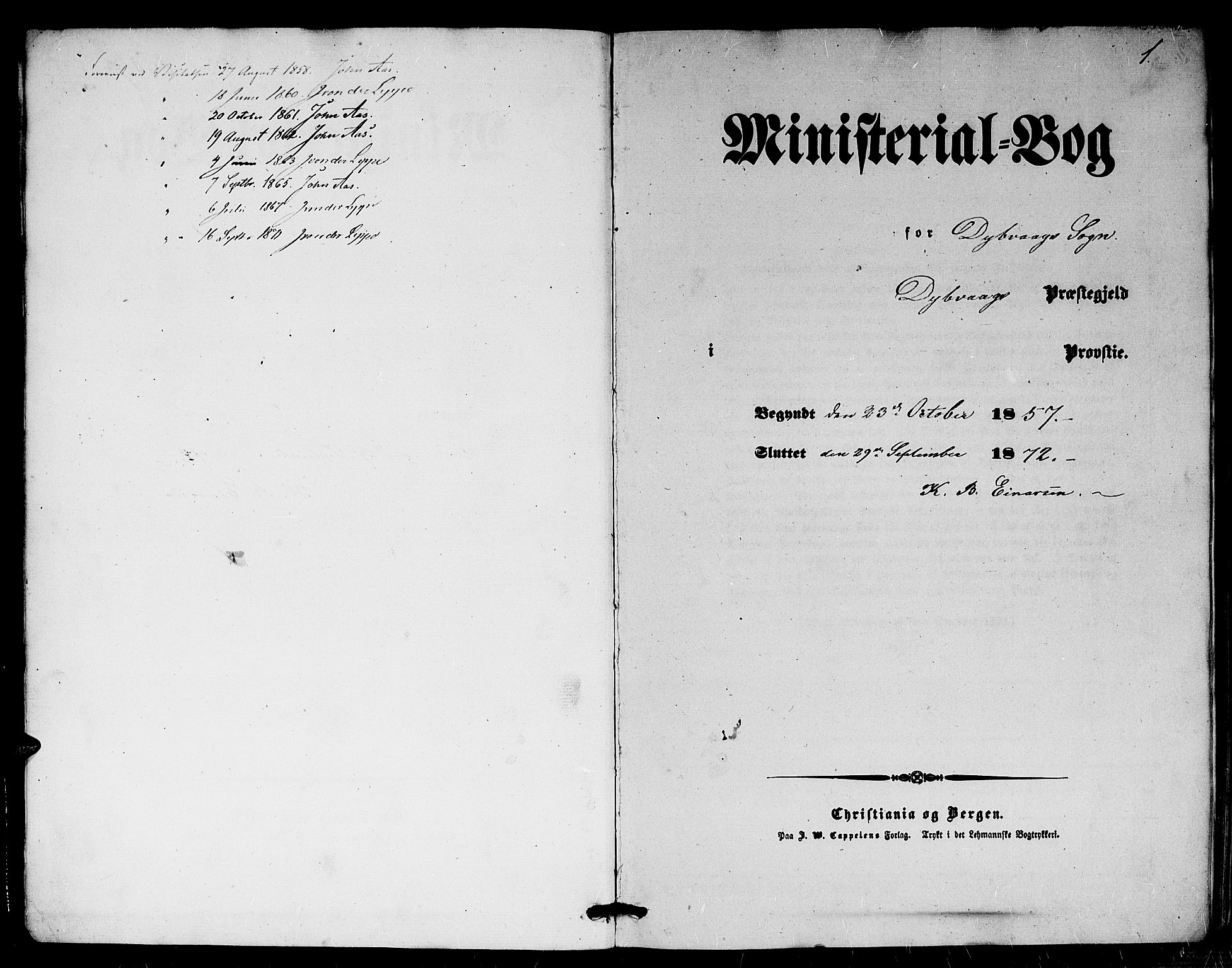 Dypvåg sokneprestkontor, SAK/1111-0007/F/Fb/Fba/L0011: Klokkerbok nr. B 11, 1857-1872, s. 0-1