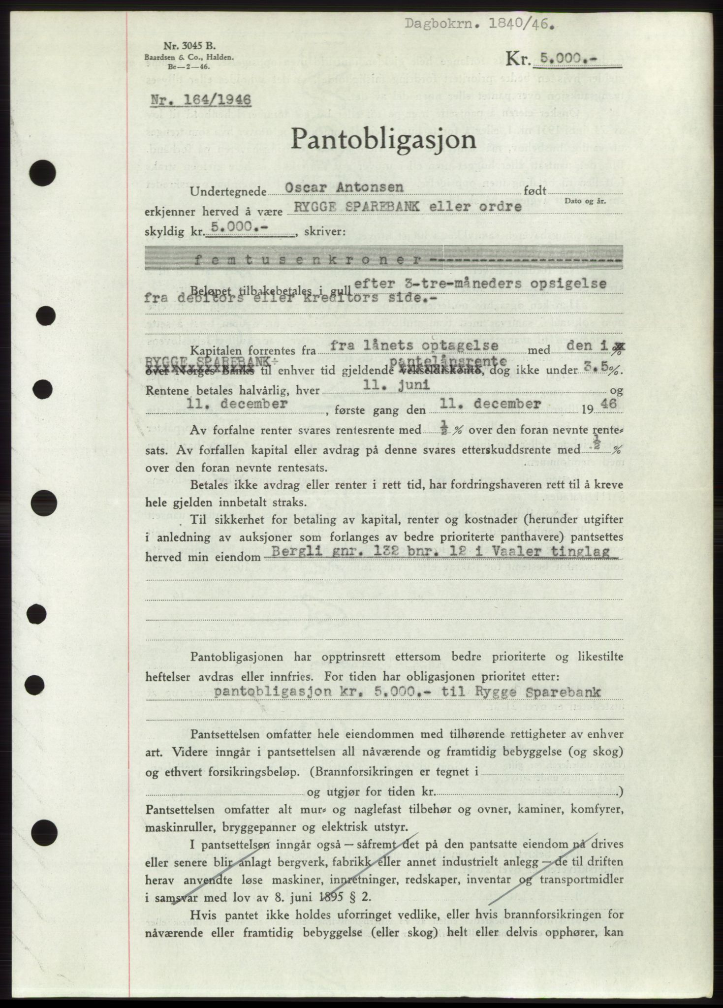 Moss sorenskriveri, SAO/A-10168: Pantebok nr. B15, 1946-1946, Dagboknr: 1840/1946