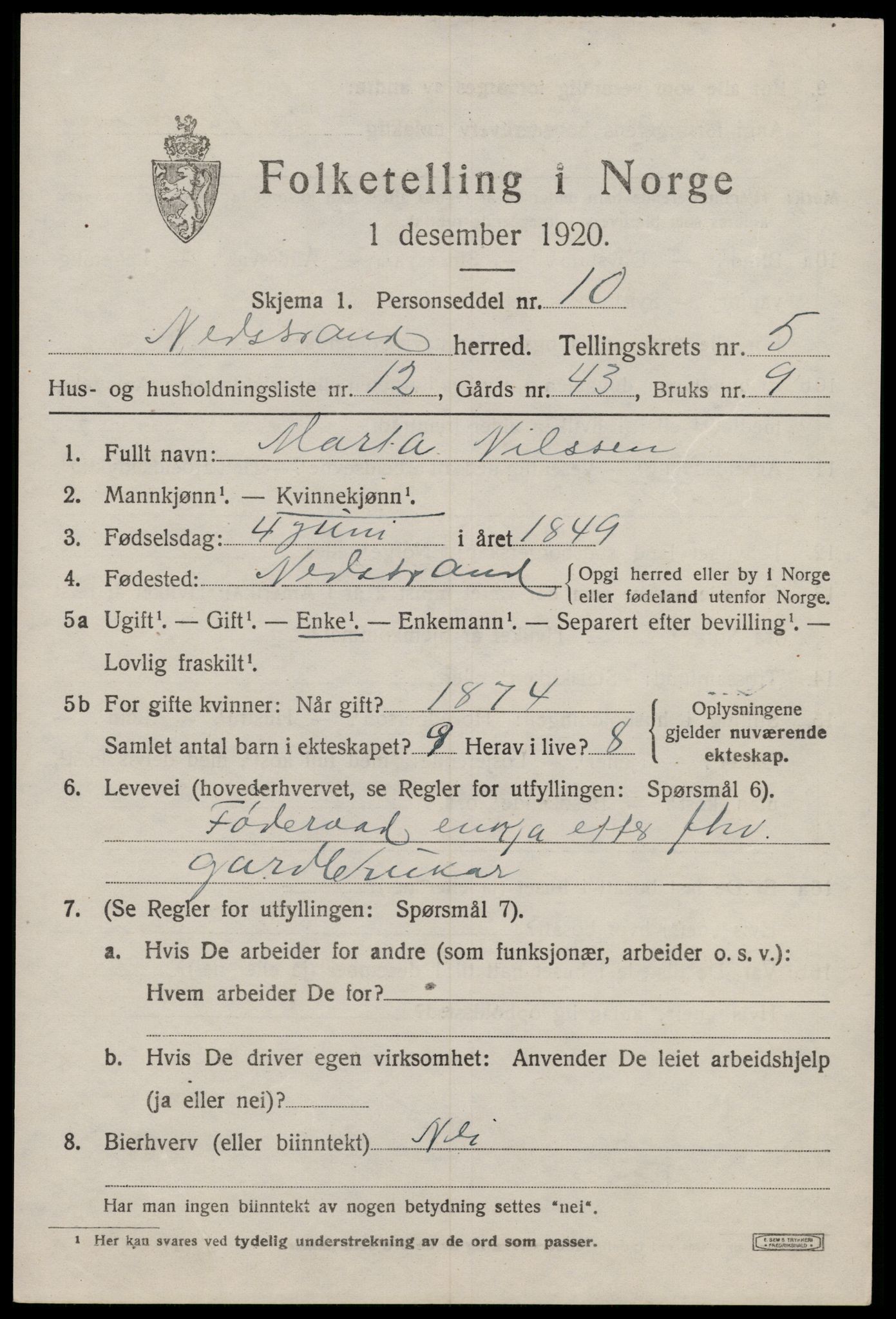 SAST, Folketelling 1920 for 1139 Nedstrand herred, 1920, s. 2413