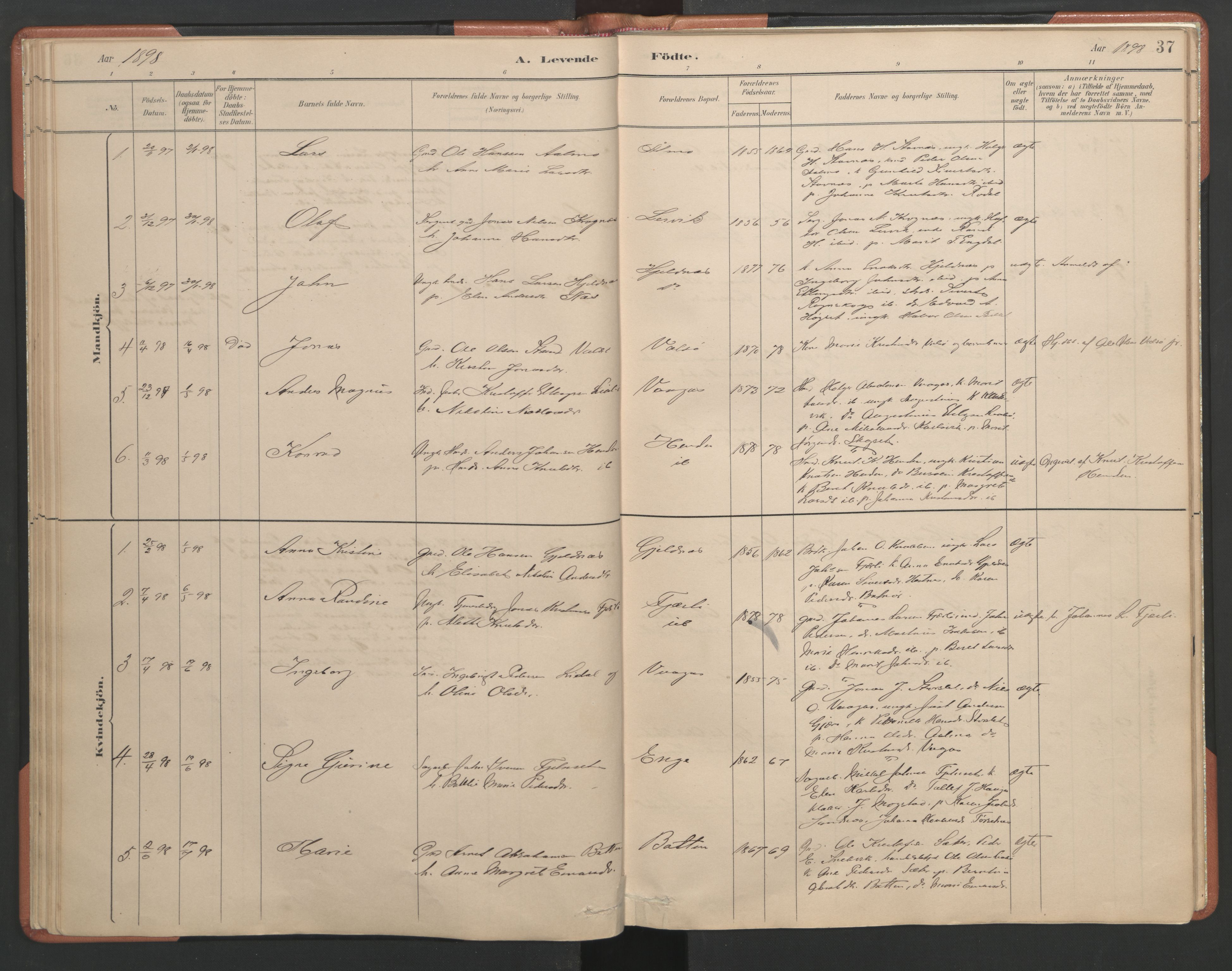 Ministerialprotokoller, klokkerbøker og fødselsregistre - Møre og Romsdal, SAT/A-1454/580/L0926: Klokkerbok nr. 580C01, 1882-1903, s. 37