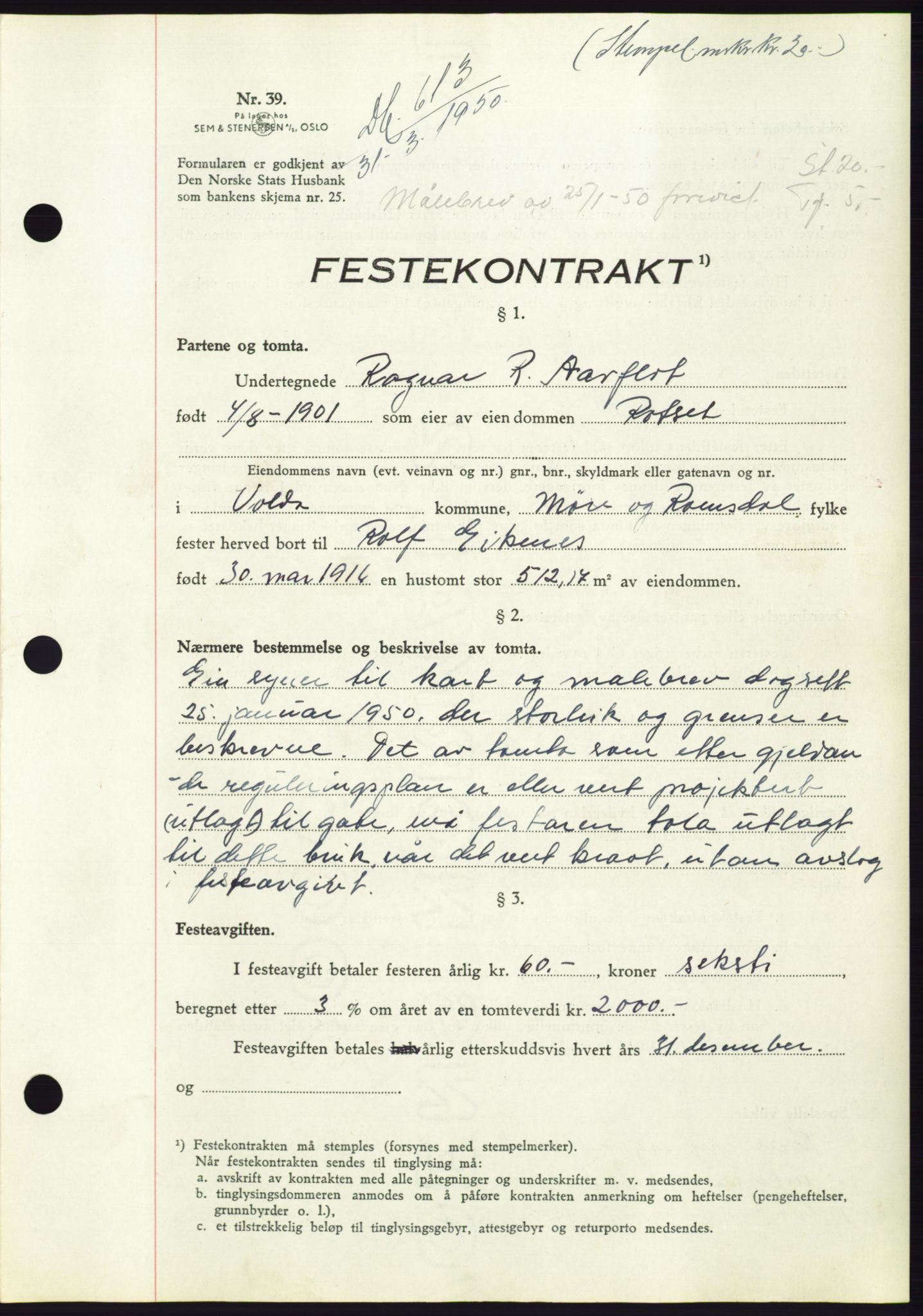 Søre Sunnmøre sorenskriveri, SAT/A-4122/1/2/2C/L0086: Pantebok nr. 12A, 1949-1950, Dagboknr: 613/1950