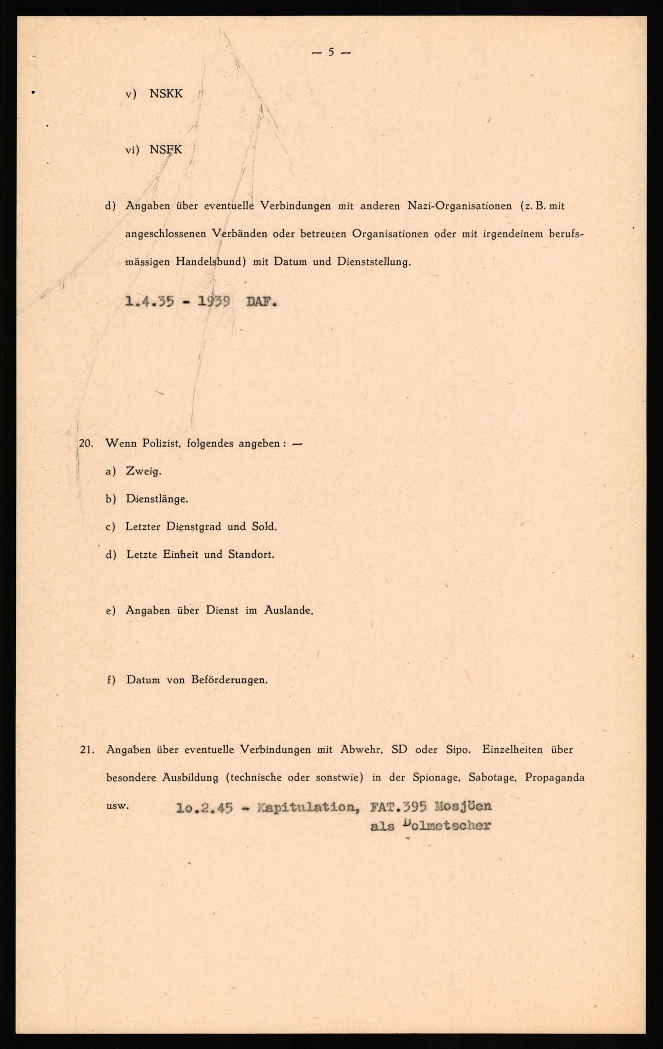 Forsvaret, Forsvarets overkommando II, RA/RAFA-3915/D/Db/L0020: CI Questionaires. Tyske okkupasjonsstyrker i Norge. Tyskere., 1945-1946, s. 300