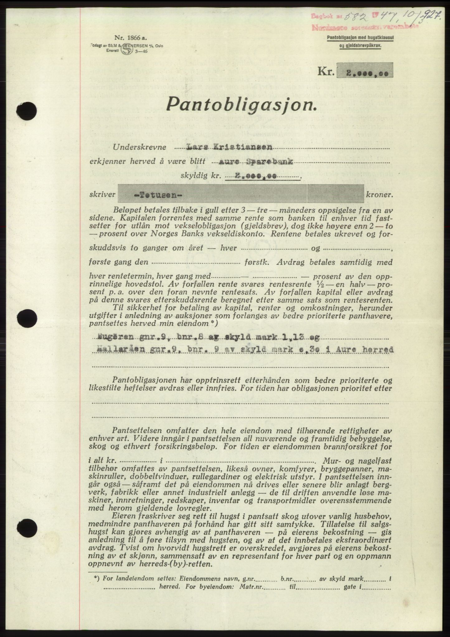Nordmøre sorenskriveri, SAT/A-4132/1/2/2Ca: Pantebok nr. B95, 1946-1947, Dagboknr: 582/1947