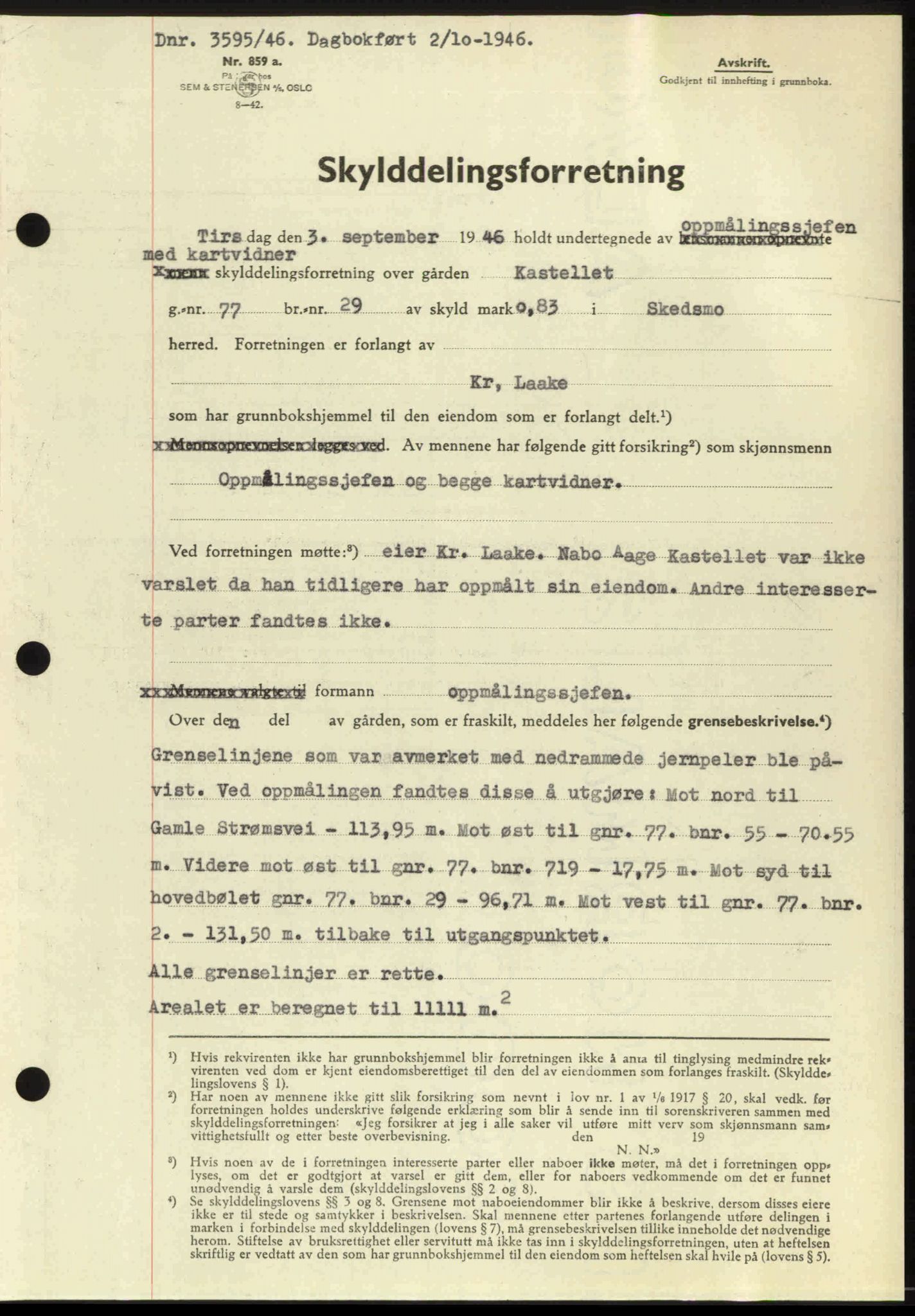 Nedre Romerike sorenskriveri, AV/SAO-A-10469/G/Gb/Gbd/L0017: Pantebok nr. 17, 1946-1946, Dagboknr: 3595/1946