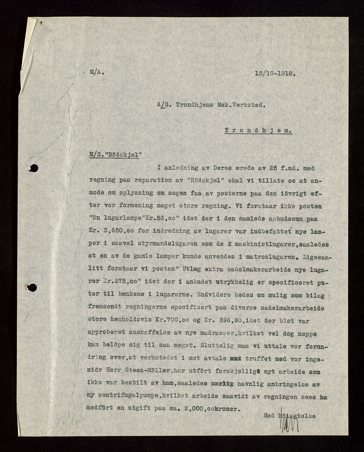 Pa 1521 - A/S Norske Shell, AV/SAST-A-101915/E/Ea/Eaa/L0003: Sjefskorrespondanse, 1918, s. 277