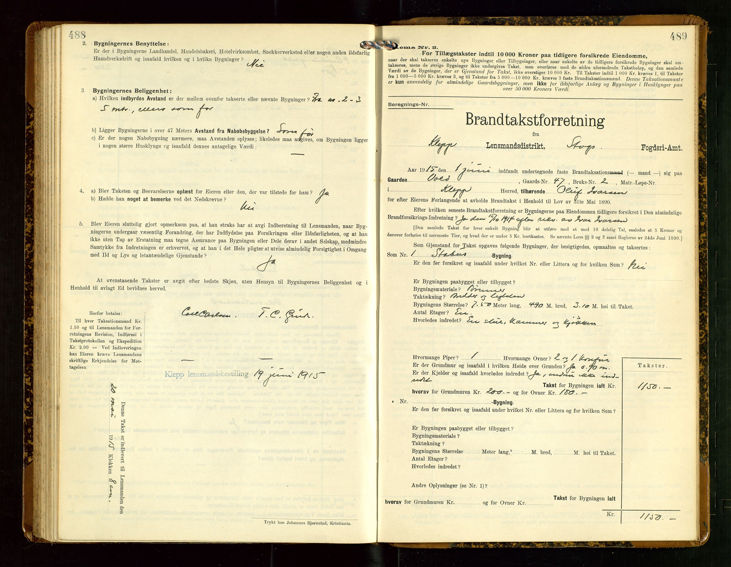 Klepp lensmannskontor, AV/SAST-A-100163/Goc/L0007: "Brandtaxationsprotokol" m/register, 1911-1915, s. 488-489