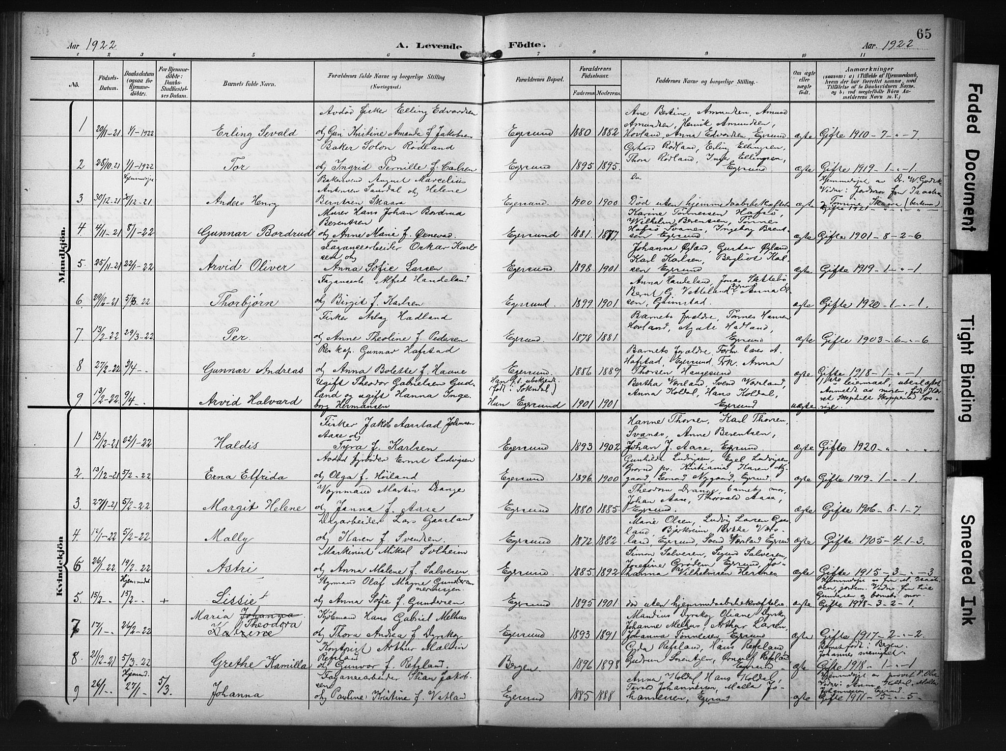 Eigersund sokneprestkontor, AV/SAST-A-101807/S09/L0012: Klokkerbok nr. B 12, 1908-1930, s. 65