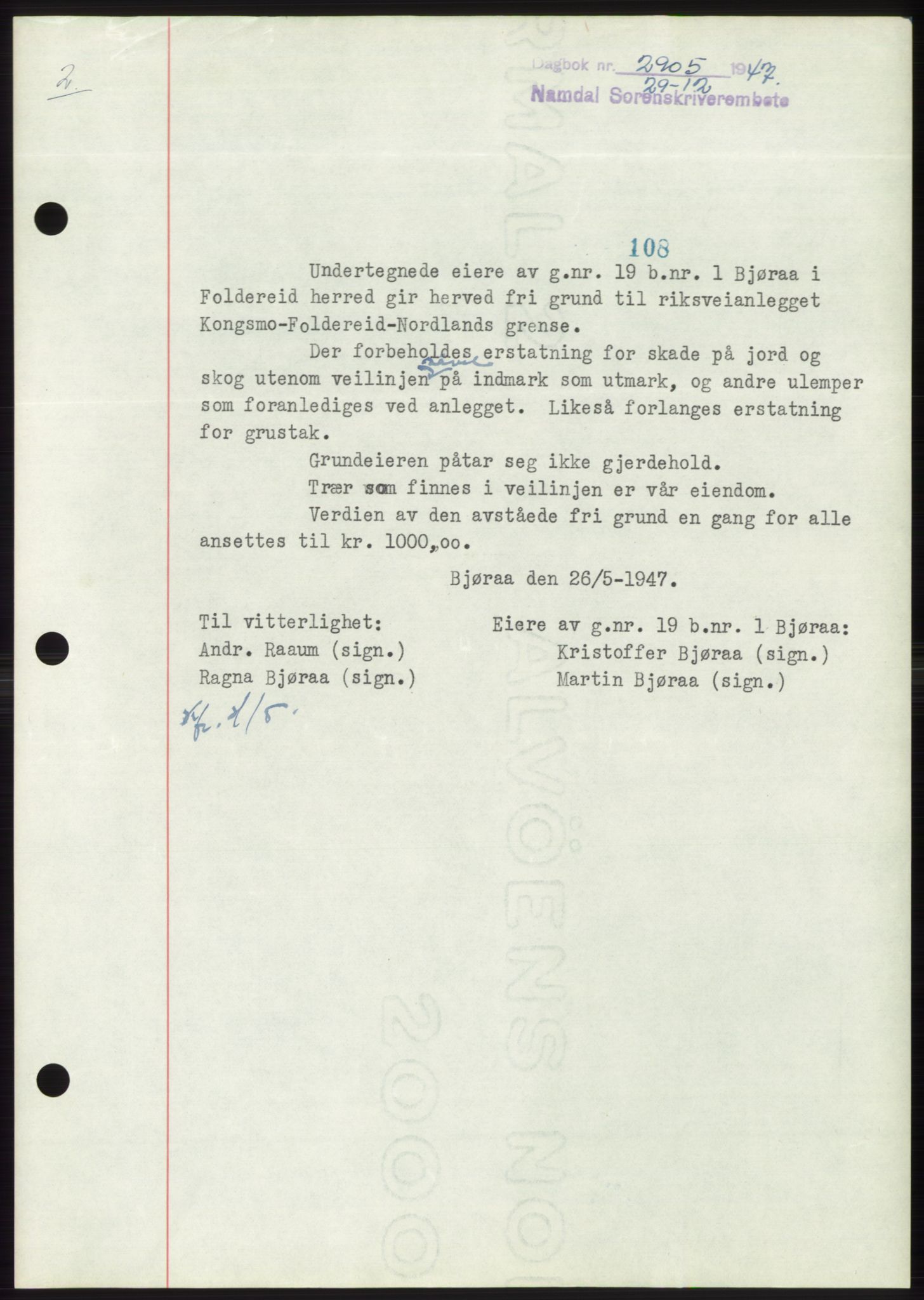 Namdal sorenskriveri, SAT/A-4133/1/2/2C: Pantebok nr. -, 1947-1948, Dagboknr: 2905/1947