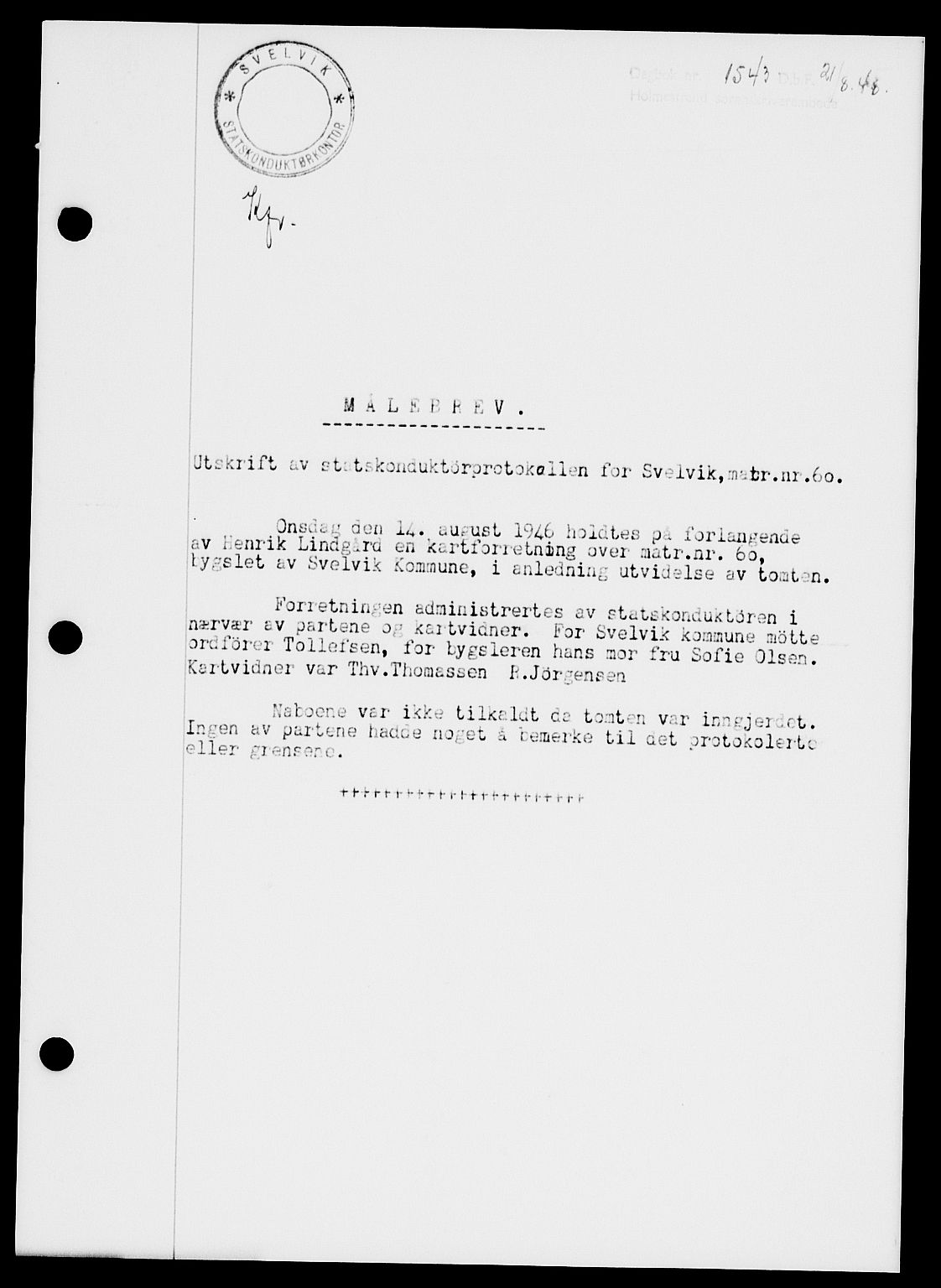 Holmestrand sorenskriveri, SAKO/A-67/G/Ga/Gaa/L0064: Pantebok nr. A-64, 1948-1948, Dagboknr: 1543/1948