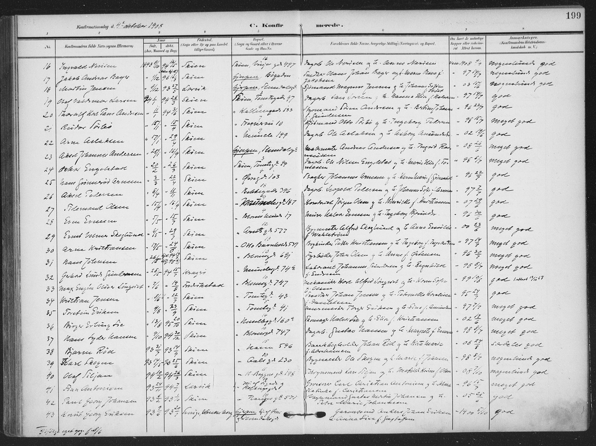Skien kirkebøker, AV/SAKO-A-302/F/Fa/L0012: Ministerialbok nr. 12, 1908-1914, s. 199