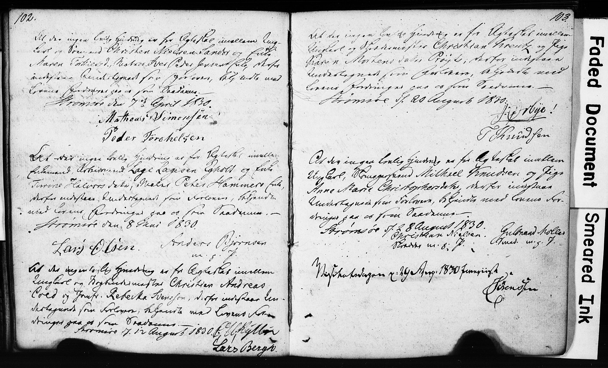 Strømsø kirkebøker, SAKO/A-246/H/Hb/L0002: Forlovererklæringer nr. 2, 1815-1857, s. 102-103