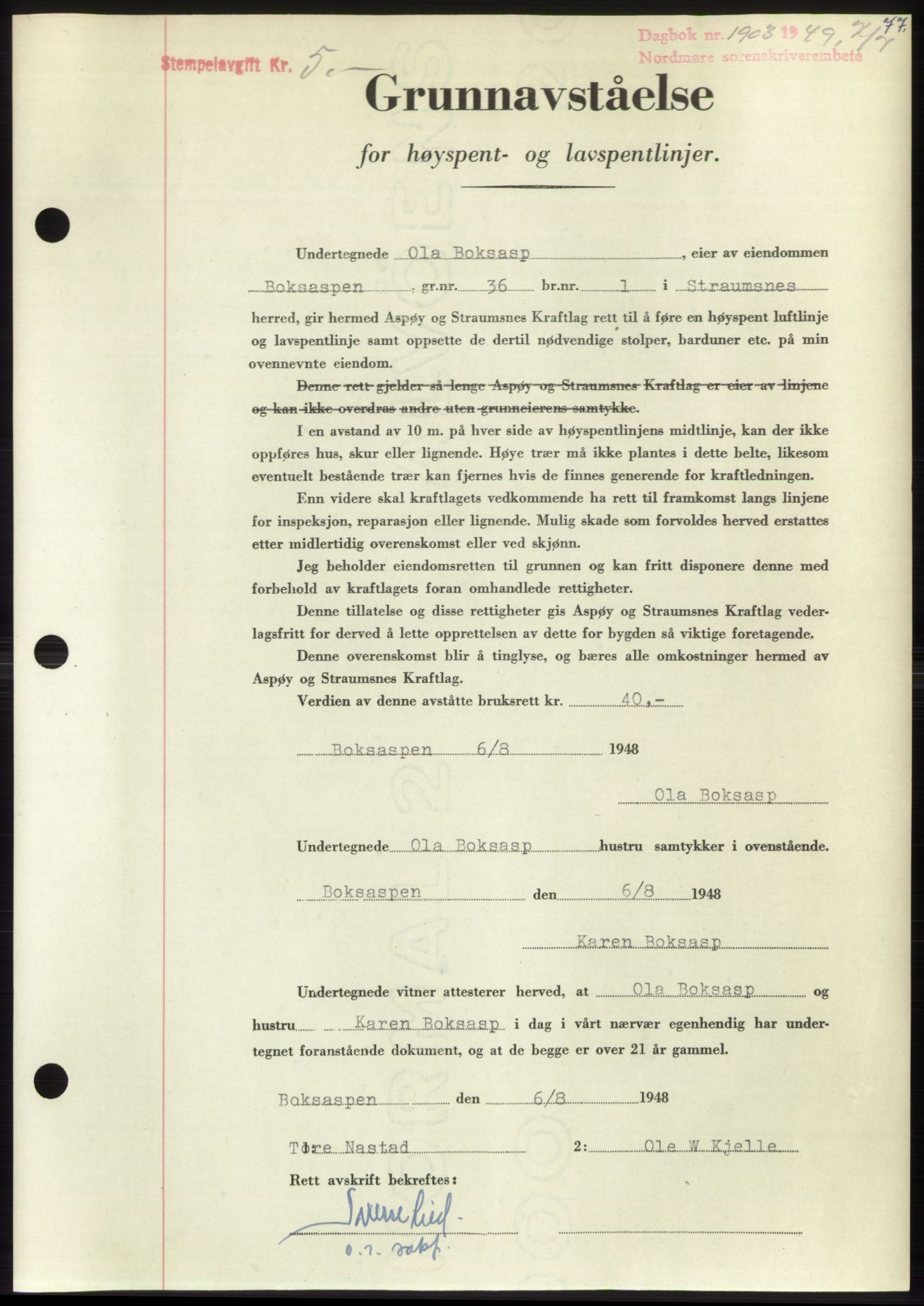 Nordmøre sorenskriveri, SAT/A-4132/1/2/2Ca: Pantebok nr. B102, 1949-1949, Dagboknr: 1903/1949