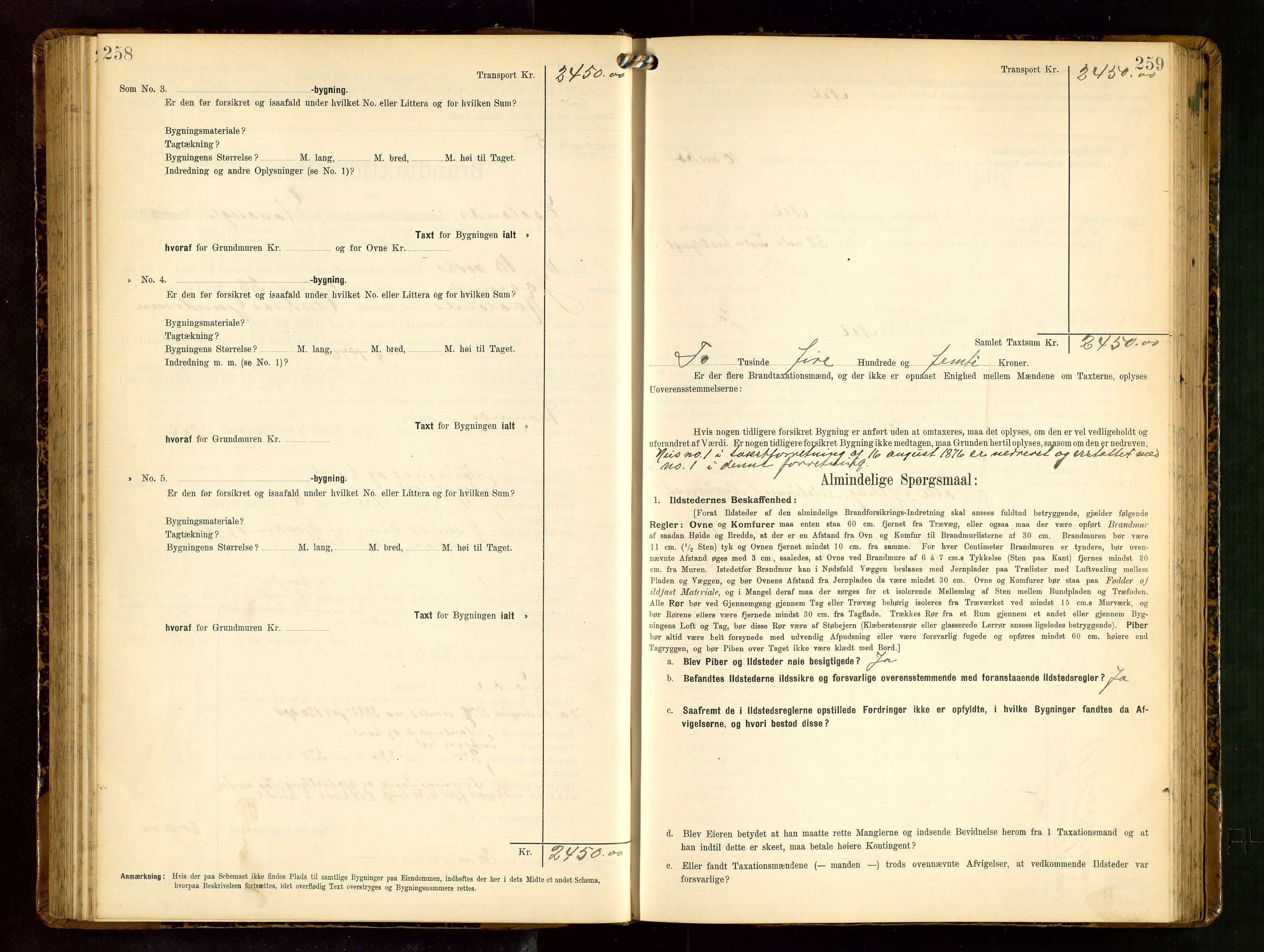 Håland lensmannskontor, AV/SAST-A-100100/Gob/L0003: Branntakstprotokoll - skjematakst. Register i boken., 1909-1910, s. 258-259
