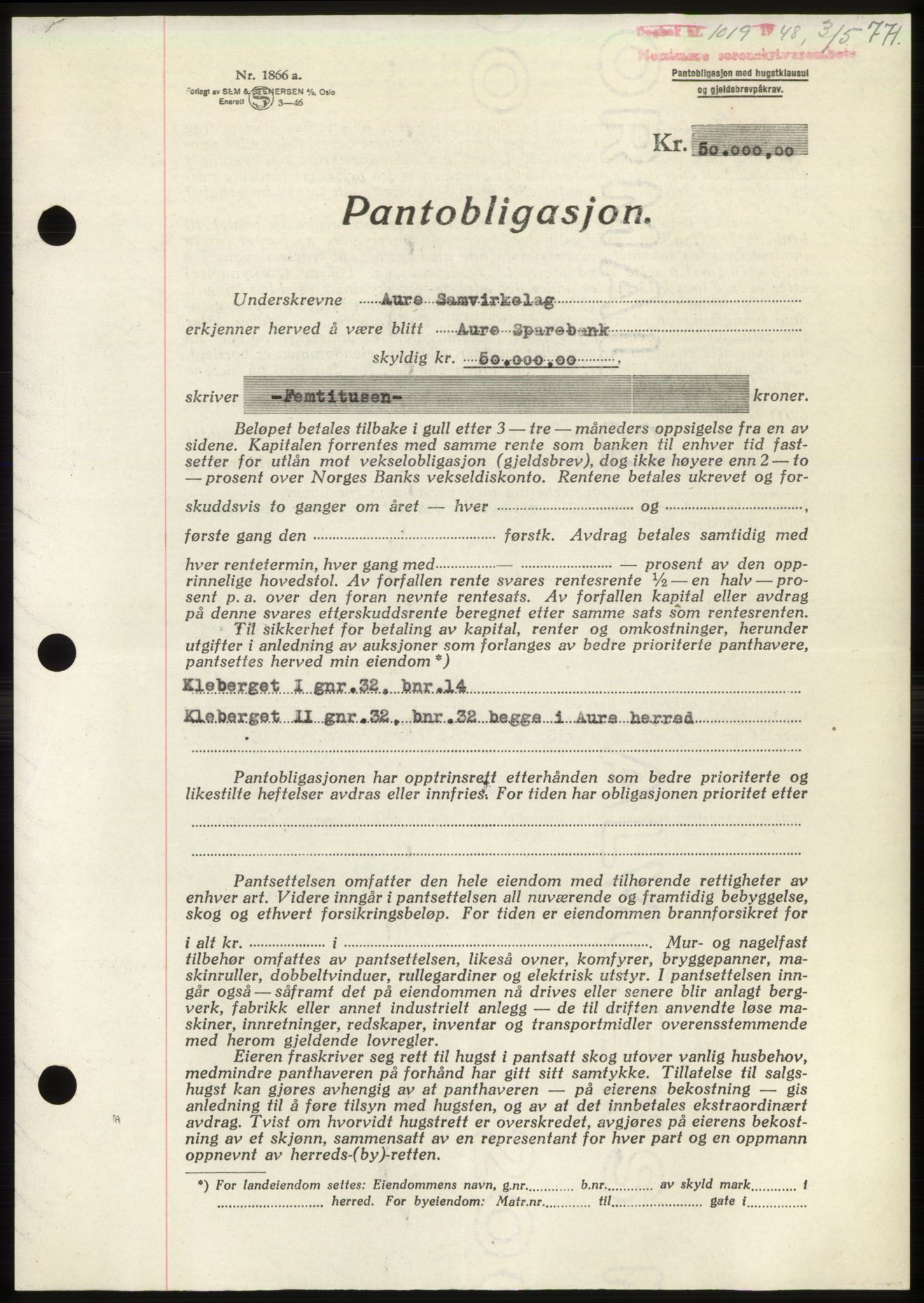 Nordmøre sorenskriveri, AV/SAT-A-4132/1/2/2Ca: Pantebok nr. B98, 1948-1948, Dagboknr: 1019/1948