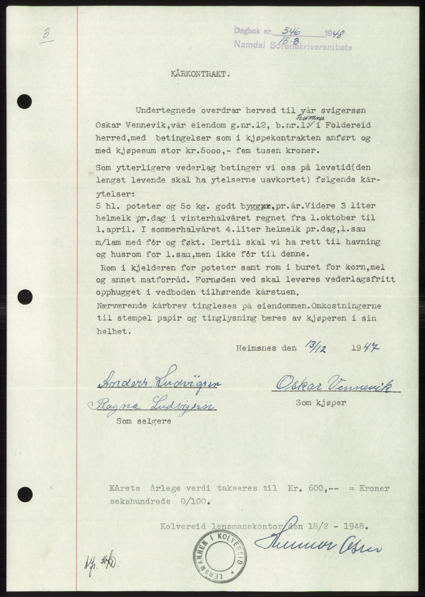 Namdal sorenskriveri, SAT/A-4133/1/2/2C: Pantebok nr. -, 1947-1948, Dagboknr: 546/1948