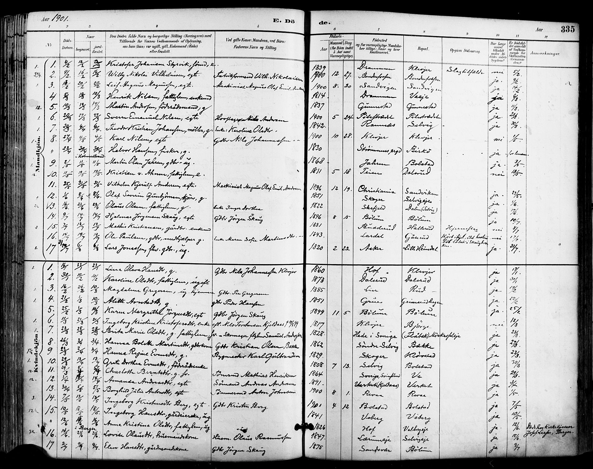 Sande Kirkebøker, AV/SAKO-A-53/F/Fa/L0007: Ministerialbok nr. 7, 1888-1903, s. 335