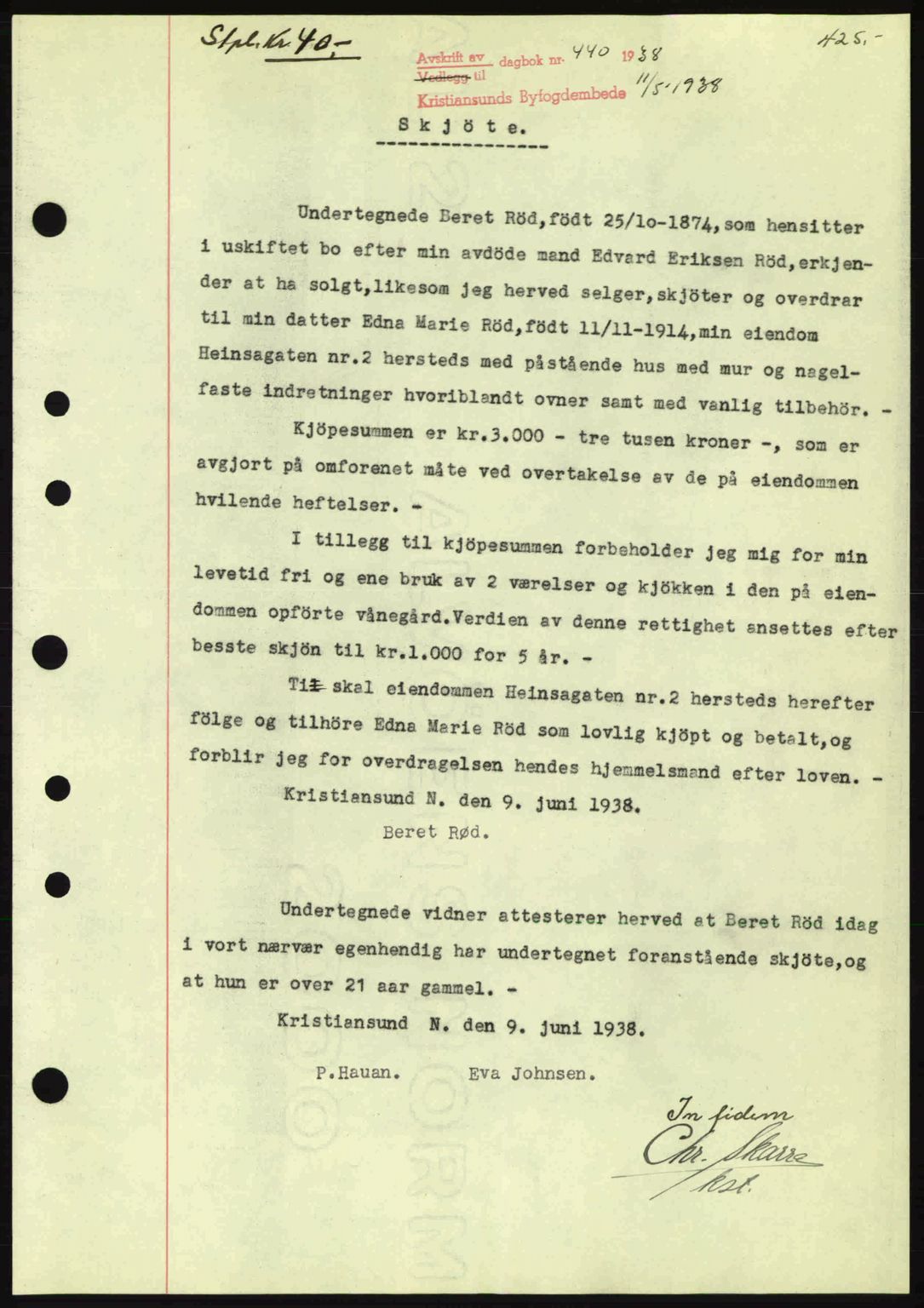 Kristiansund byfogd, AV/SAT-A-4587/A/27: Pantebok nr. 30, 1936-1941, Dagboknr: 440/1938