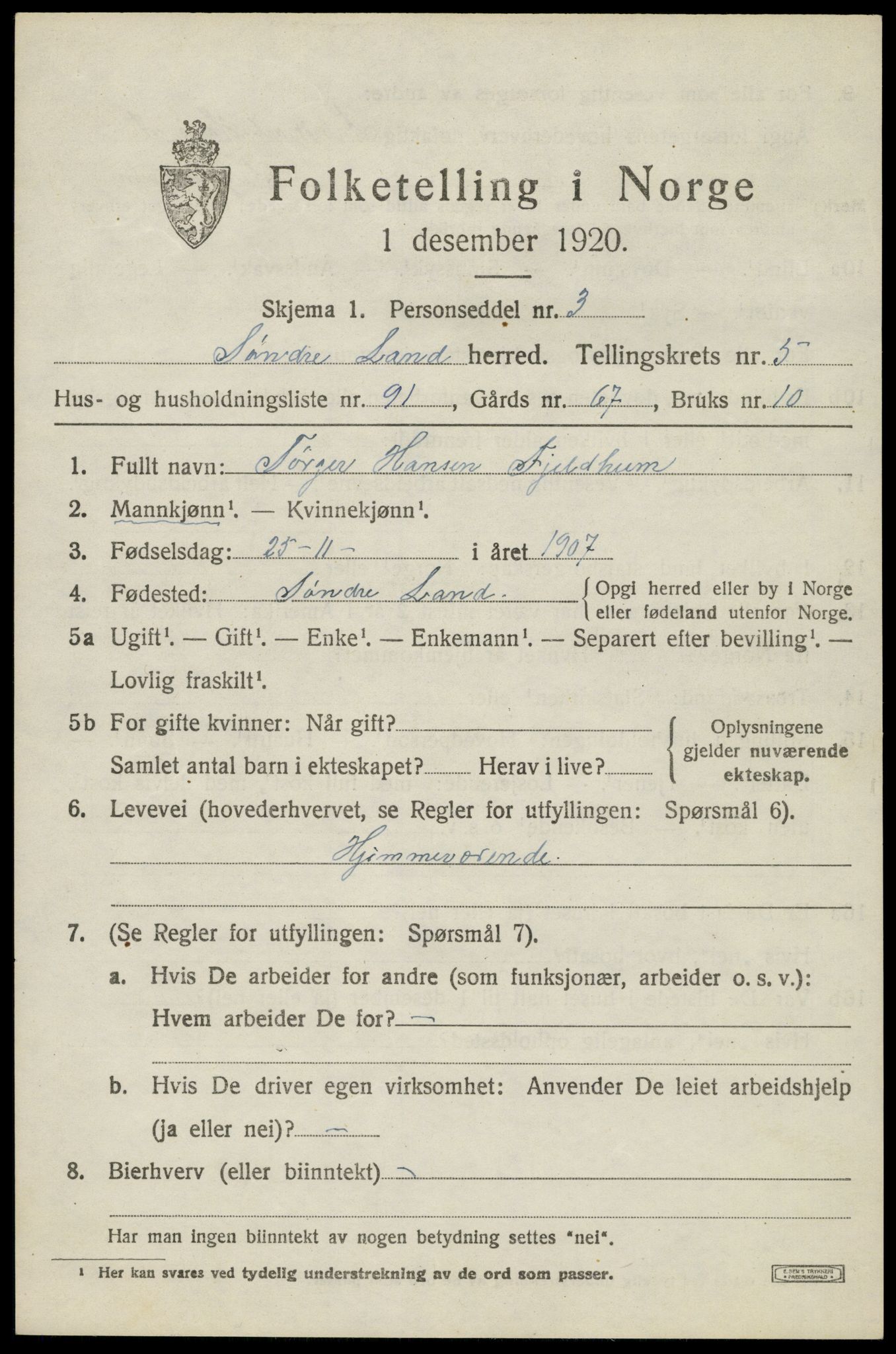 SAH, Folketelling 1920 for 0536 Søndre Land herred, 1920, s. 6221