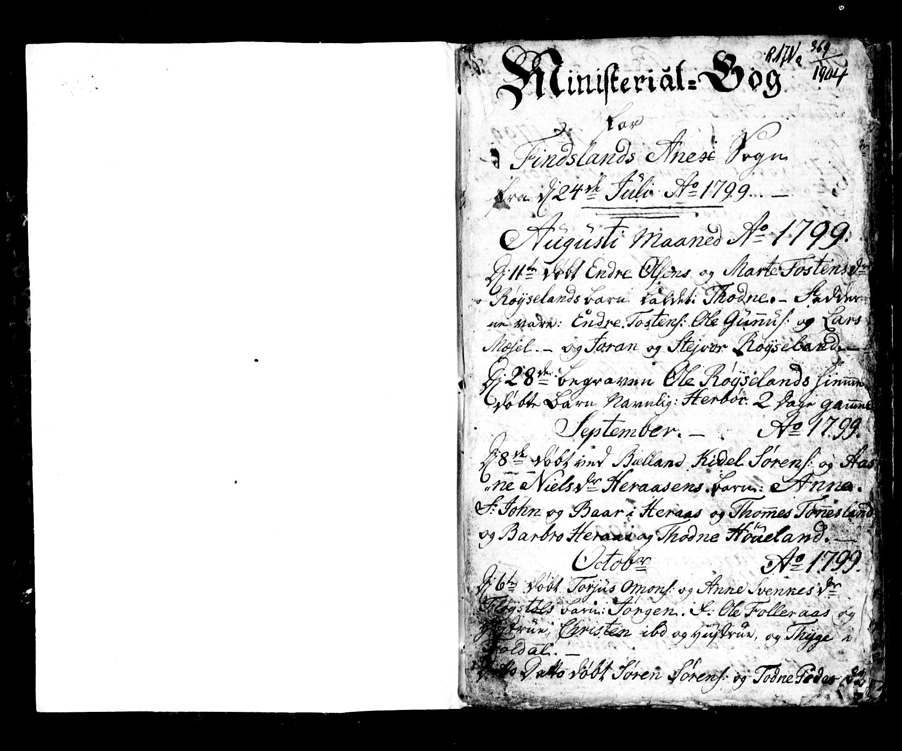 Bjelland sokneprestkontor, AV/SAK-1111-0005/F/Fa/Fab/L0001: Ministerialbok nr. A 1, 1799-1810