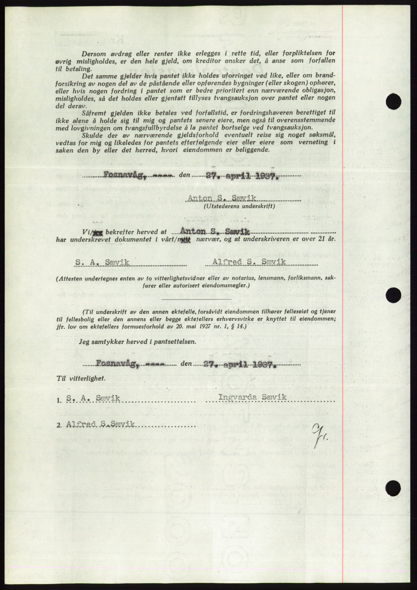 Søre Sunnmøre sorenskriveri, AV/SAT-A-4122/1/2/2C/L0063: Pantebok nr. 57, 1937-1937, Dagboknr: 719/1937