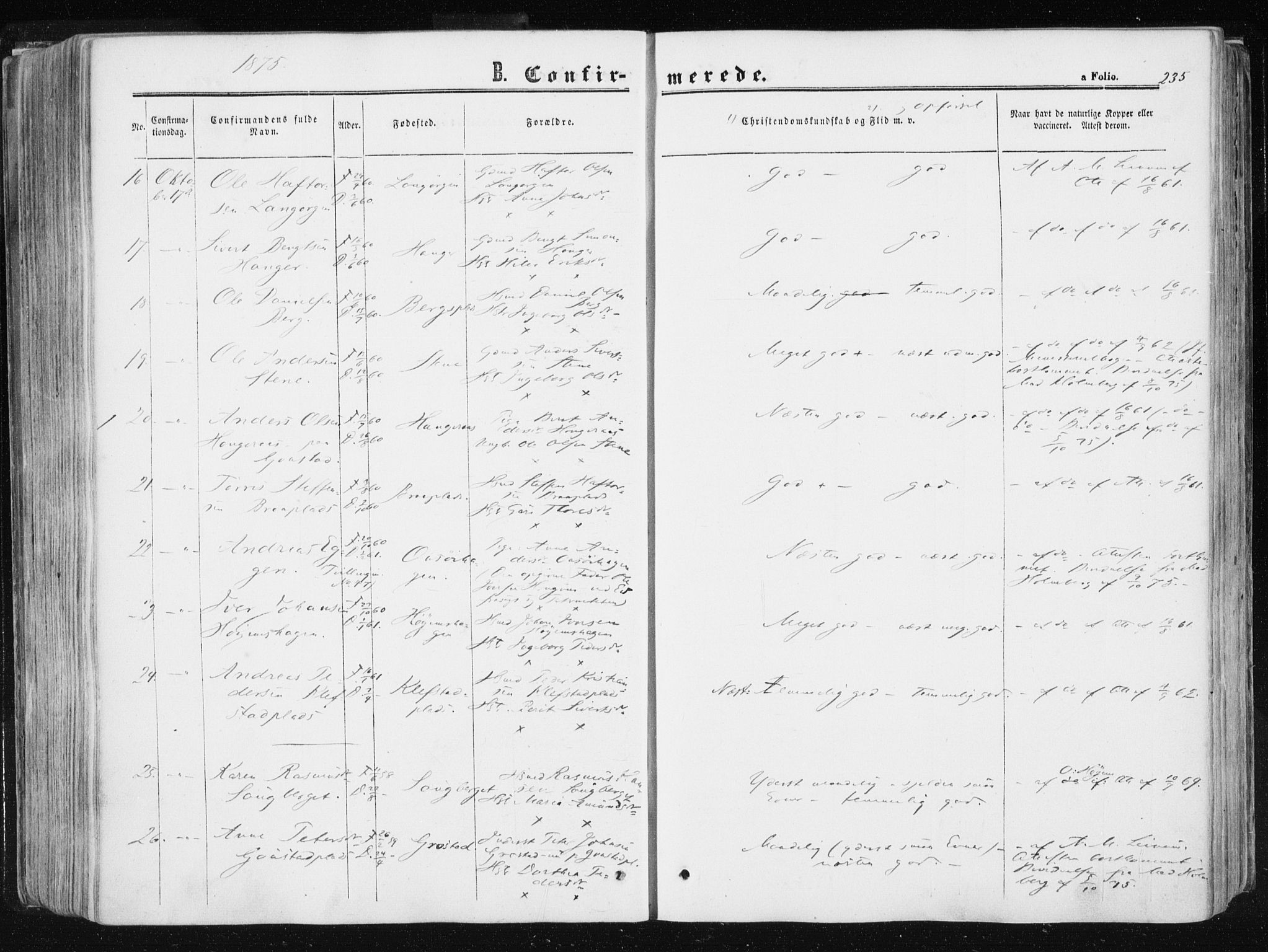 Ministerialprotokoller, klokkerbøker og fødselsregistre - Sør-Trøndelag, SAT/A-1456/612/L0377: Ministerialbok nr. 612A09, 1859-1877, s. 235