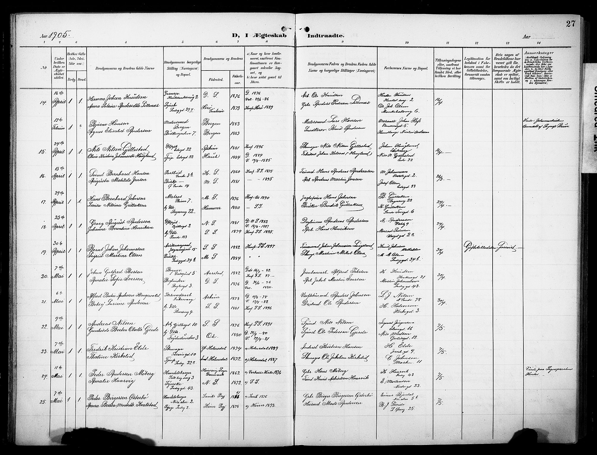 Sandviken Sokneprestembete, AV/SAB-A-77601/H/Hb/L0014: Klokkerbok nr. D 1, 1902-1929, s. 27