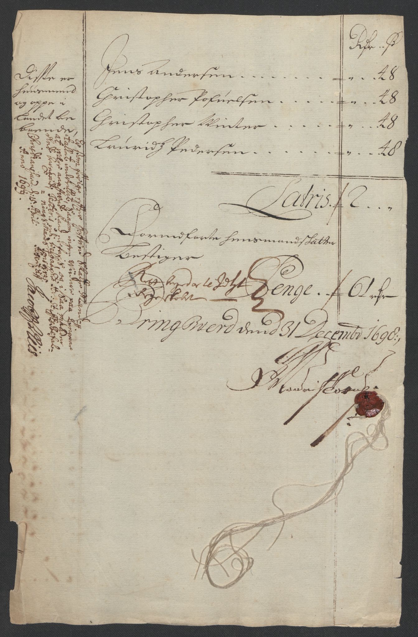 Rentekammeret inntil 1814, Reviderte regnskaper, Fogderegnskap, RA/EA-4092/R39/L2314: Fogderegnskap Nedenes, 1698-1699, s. 55