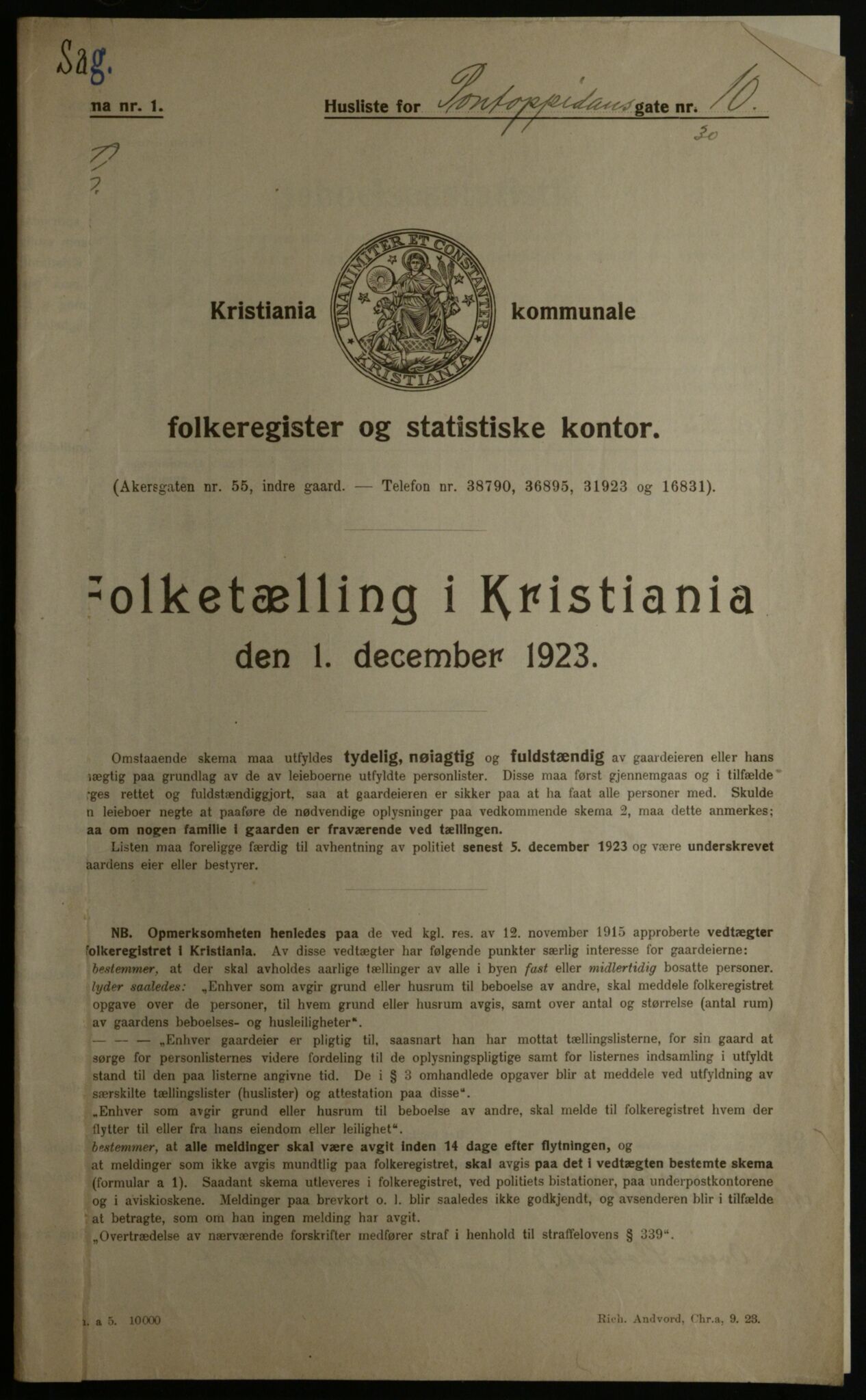 OBA, Kommunal folketelling 1.12.1923 for Kristiania, 1923, s. 89192