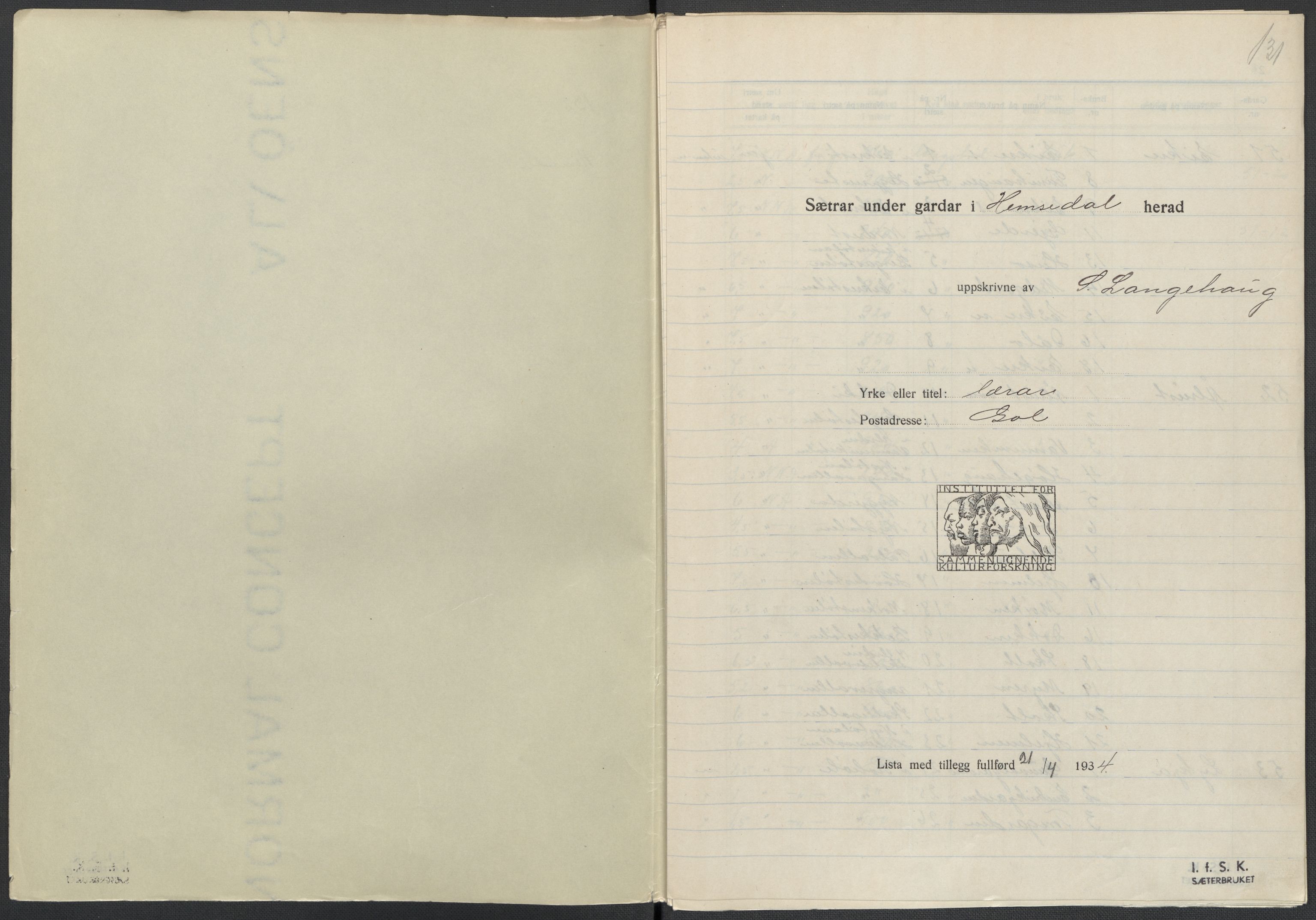 Instituttet for sammenlignende kulturforskning, AV/RA-PA-0424/F/Fc/L0005/0003: Eske B5: / Buskerud (perm XII), 1934-1935, s. 131
