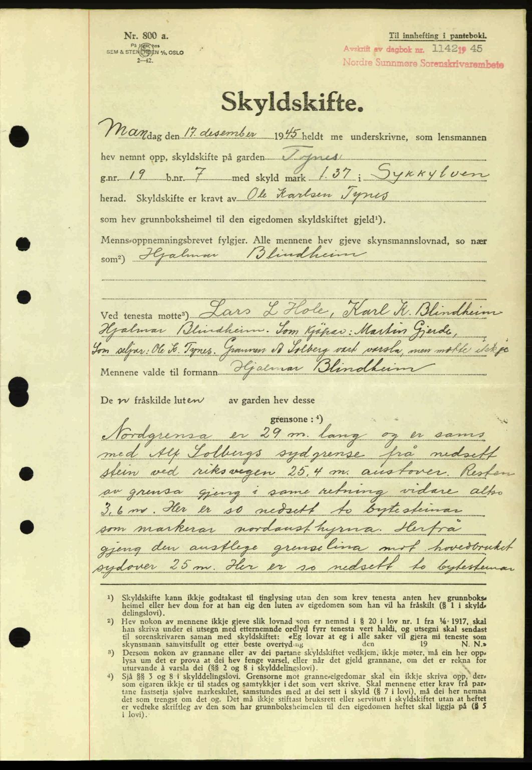 Nordre Sunnmøre sorenskriveri, AV/SAT-A-0006/1/2/2C/2Ca: Pantebok nr. A20a, 1945-1945, Dagboknr: 1142/1945