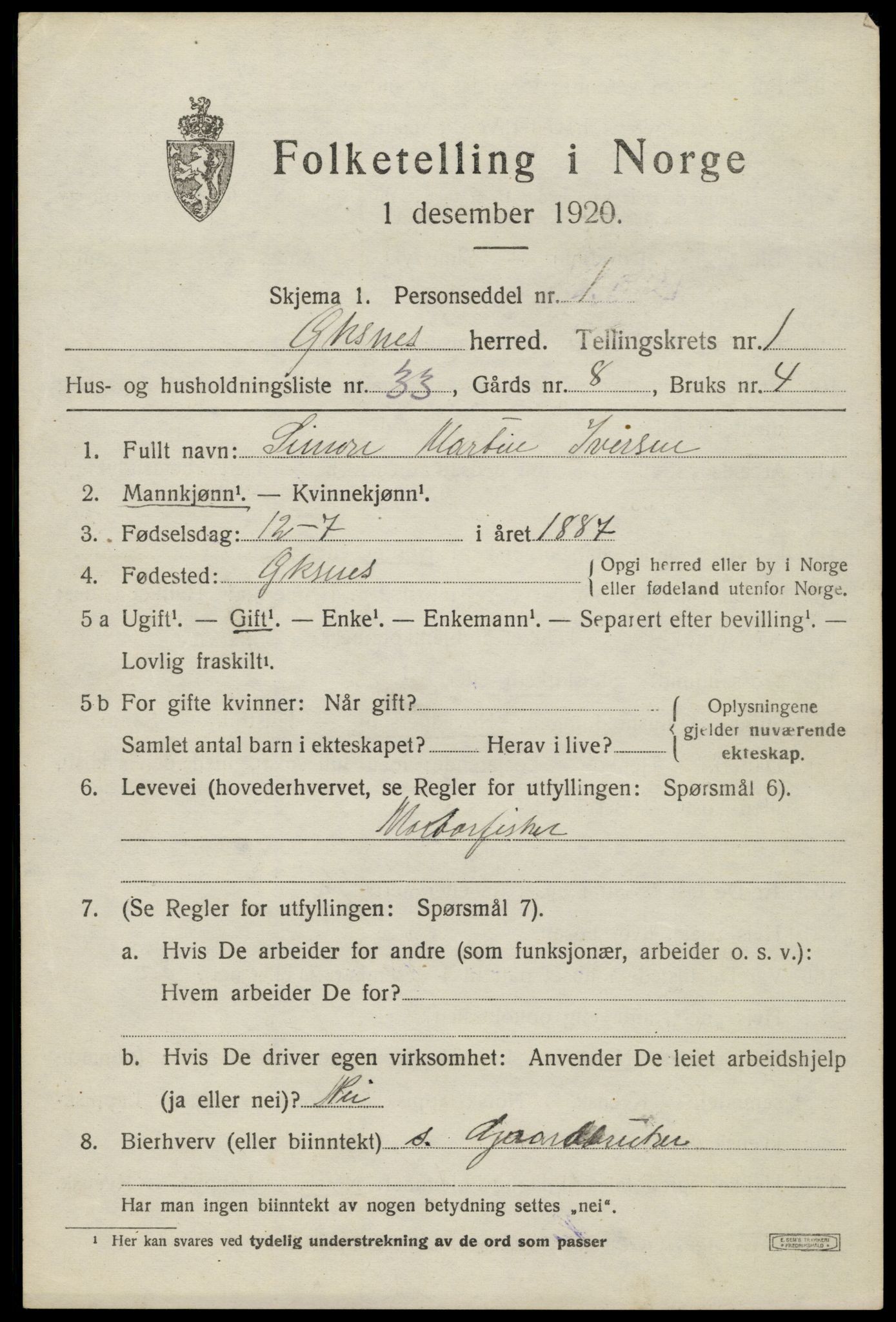 SAT, Folketelling 1920 for 1868 Øksnes herred, 1920, s. 1148