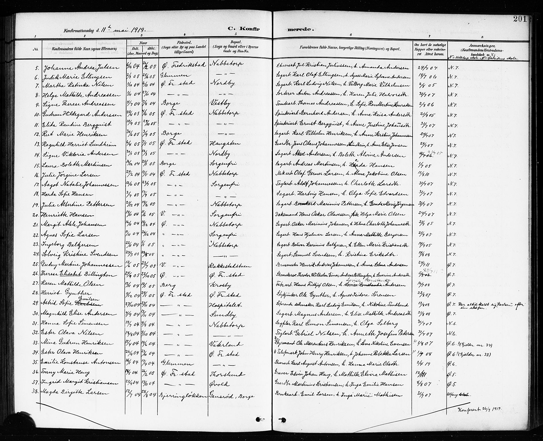 Østre Fredrikstad prestekontor Kirkebøker, AV/SAO-A-10907/G/Ga/L0002: Klokkerbok nr. 2, 1900-1919, s. 201