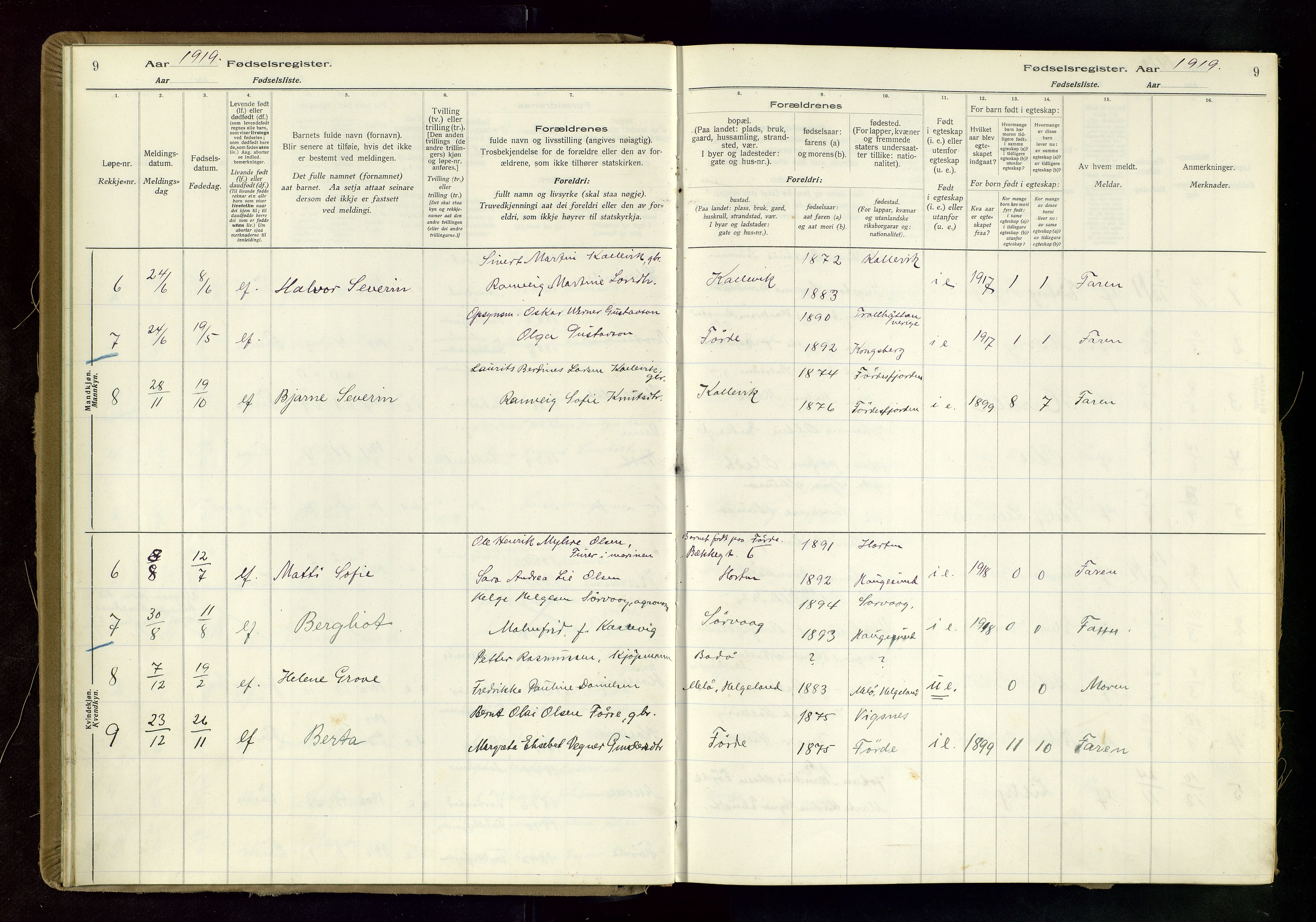 Tysvær sokneprestkontor, AV/SAST-A -101864/I/Id/L0004: Fødselsregister nr. 4, 1916-1979, s. 9